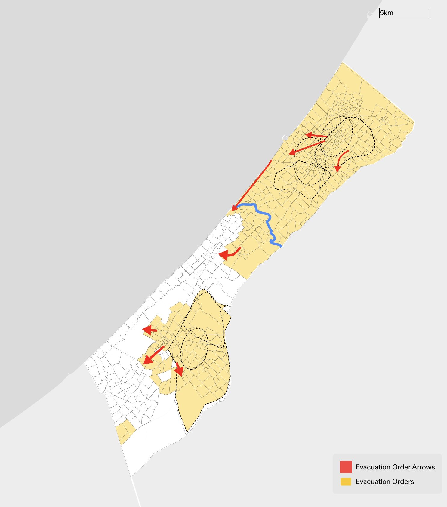  - Figure 7. The accumulation of areas ordered to evacuate throughout the three phases, along with the arrows that were annotated in these evacuation orders. (Forensic Architecture, 2024)