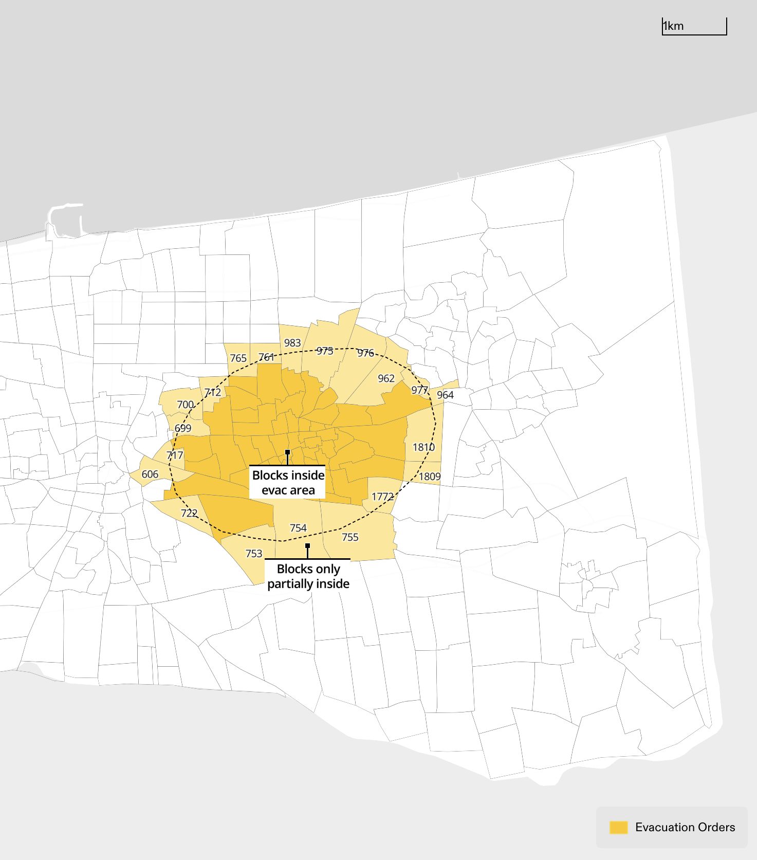  - Figure 6. An evacuation order published on 2 December highlighted an elliptical area for evacuation (dashed line). While some of the numbered blocks were squarely within this elliptical area, others were only partially included (ambiguously divided by the dashed line), raising confusing about whether they should be evacuated or not. (Forensic Architecture, 2024)