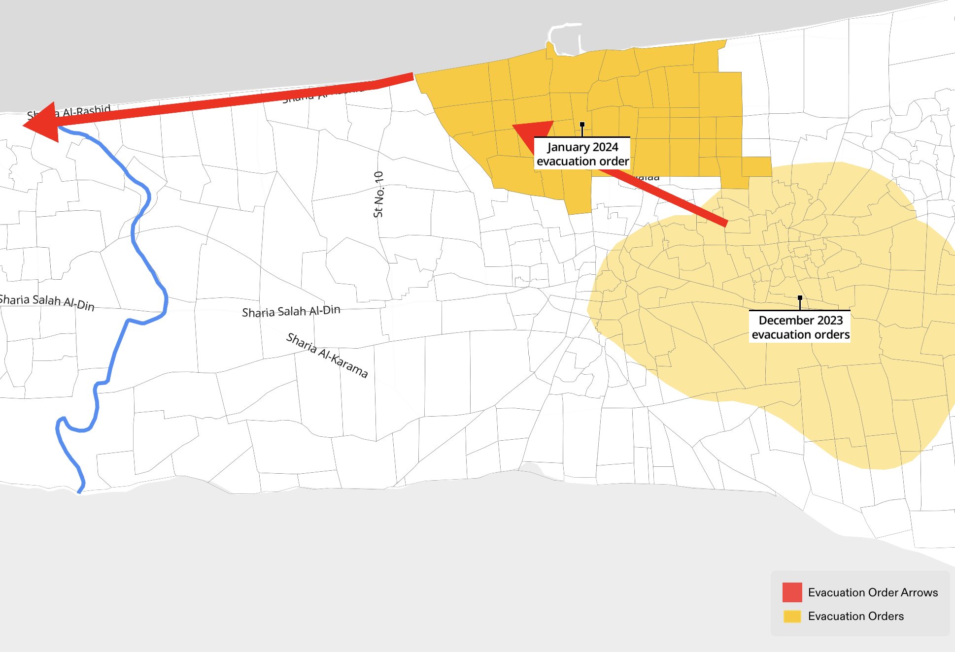  - Figure 12. A map showing evacuation orders from December 2023 and January 2024, which operate together to displace evacuees multiple times.  (Forensic Architecture, 2024)