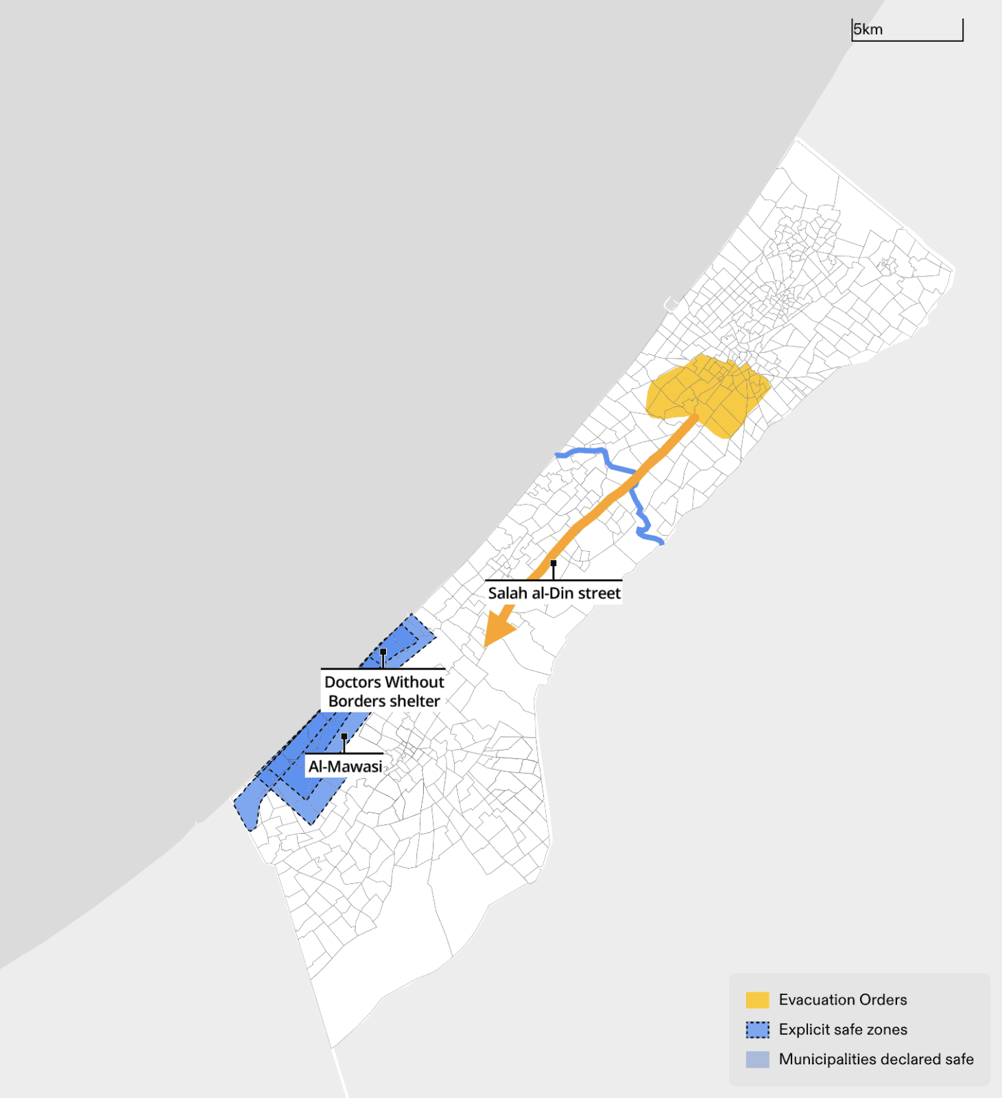 - Figure 13. An ‘evacuation order’ published on 20 February 2024 instructed a region (in yellow) to evacuate and follow Salah al-Din Street to reach the ‘safe zone’ in al-Mawasi (in blue). Subsequently, the ‘safe zone’ in al-Mawasi was attacked, including a shelter operated by Doctors Without Borders (labelled). (Forensic Architecture, 2024)