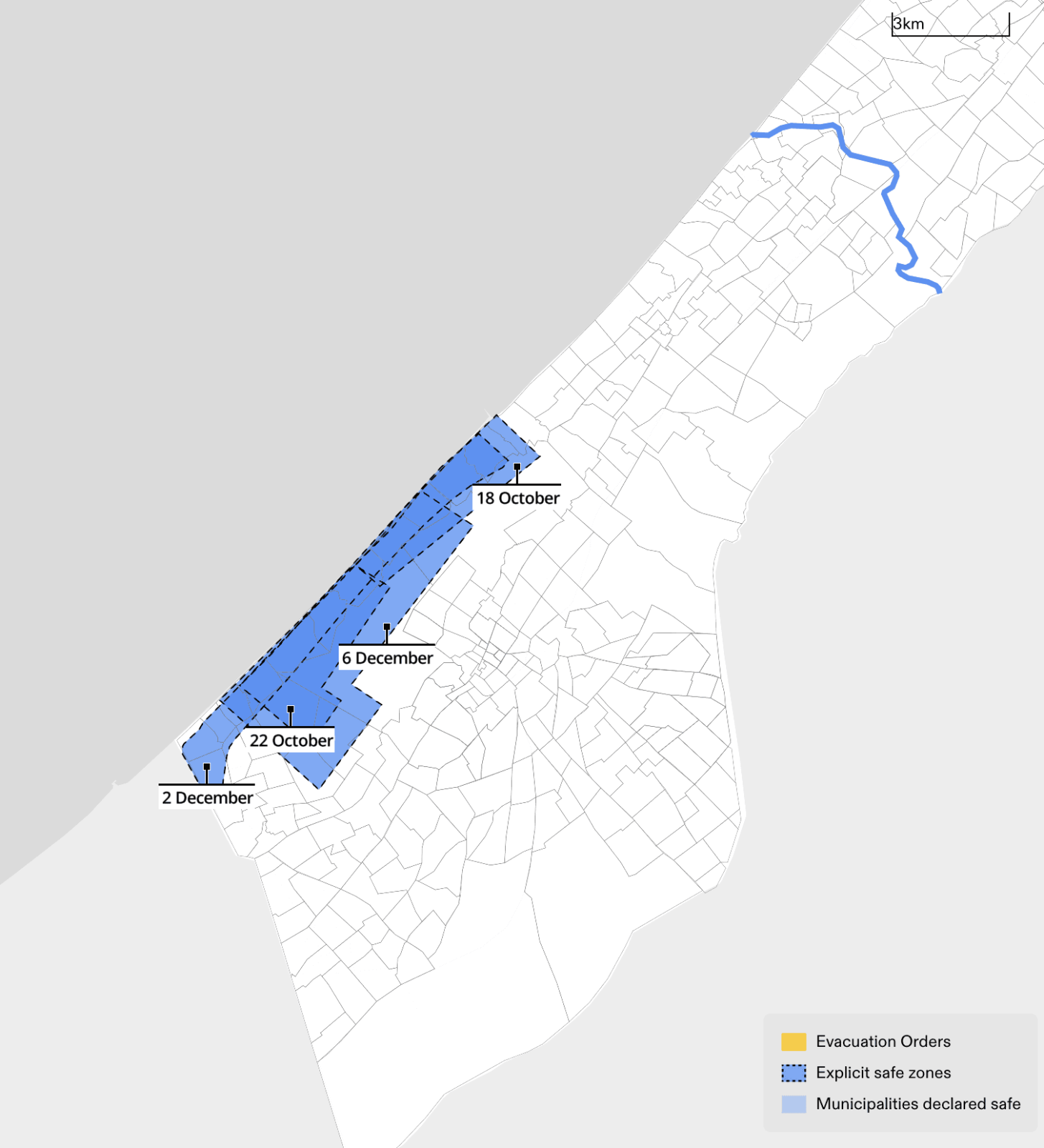 - Figure 16. The Israeli military has released at least four distinct versions of the boundaries of the al-Mawasi ‘safe zone’, on 18 and 22 October, and 2 and 6 December 2023. Overlaying these different boundaries on a single map, we demonstrate the inconsistent and changing boundaries of the ‘safe zone’ in al-Mawasi. (Forensic Architecture, 2024)