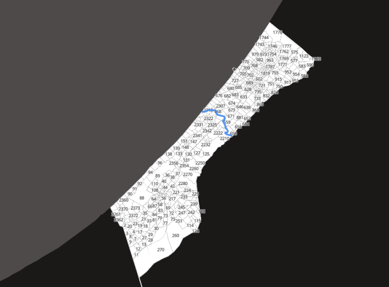 - Figure 5. Our recreation of the 'evacuation grid’ of 623 numbered blocks released by the Israeli military on 1 December. (Forensic Architecture, 2024)