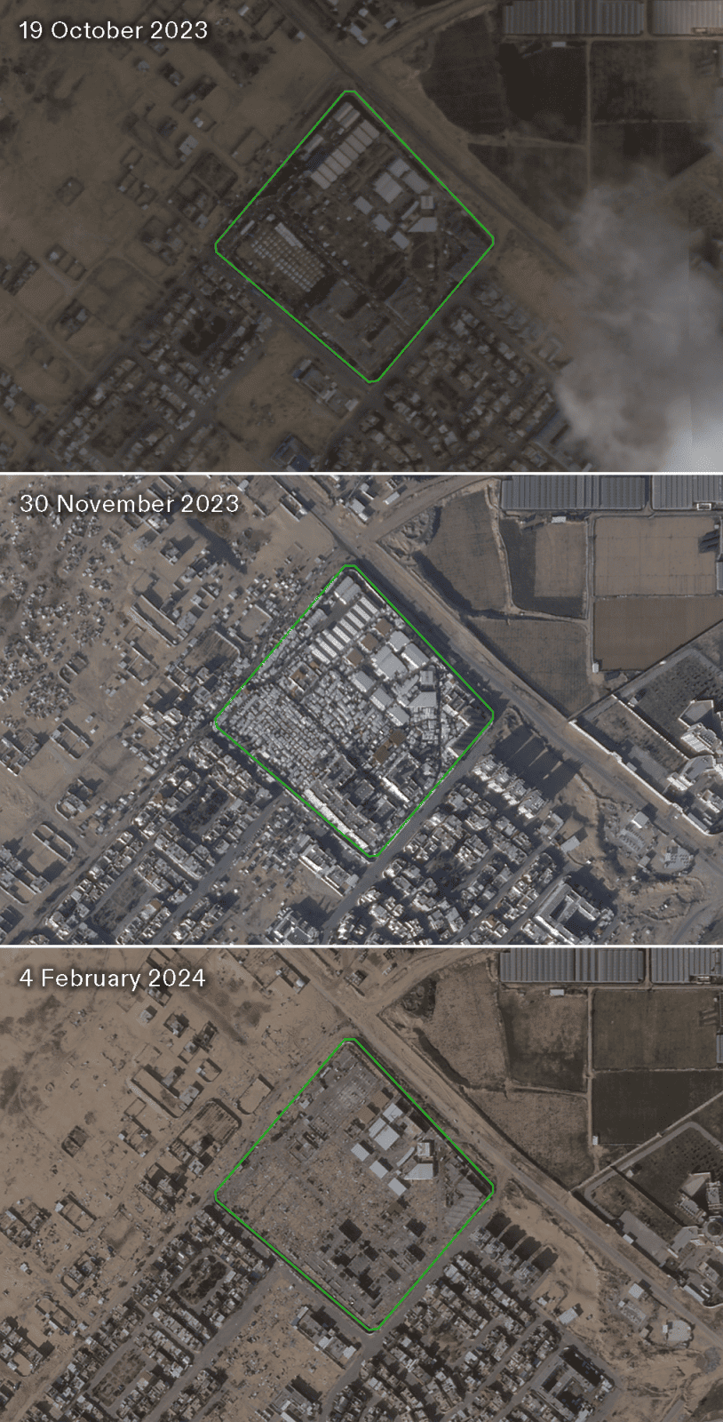 - Figure 30. Satellite images (© Planet Labs PBC) showing the UNRWA Khan Younis Training Centre (KYTC), used as a shelter for displaced people throughout December 2023 and January 2024, and subsequently cleared and destroyed by 4 February 2024. (Forensic Architecture, 2024)
