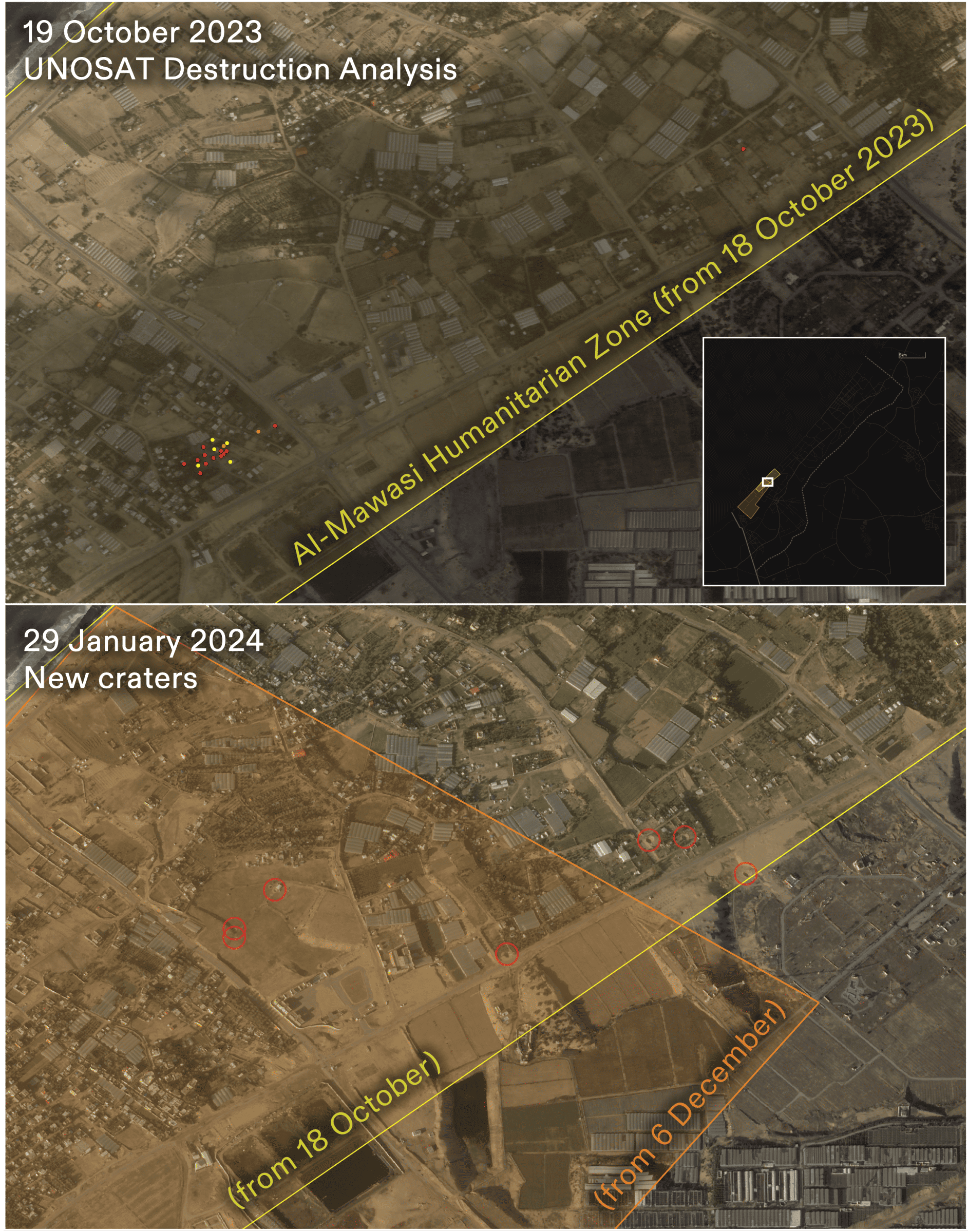 - Figure 20. Craters in the al-Mawasi ‘humanitarian zone’. Damage identified by UNOSAT is visible in satellite imagery (© Planet Labs PBC) on 19 October 2023. By 29 January 2024, after multiple announcements about the al-Mawasi ‘humanitarian zone’, new craters are visible within it. (Forensic Architecture, 2024)