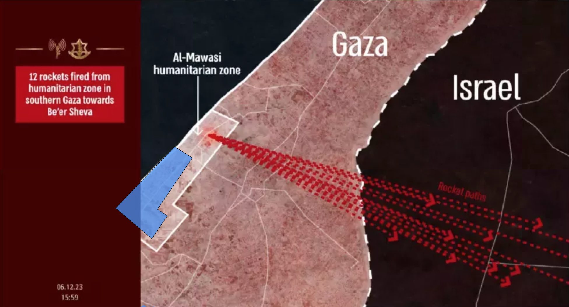  - Figure 17. The blue boundary (our annotation) indicates the boundary of the ‘al-Mawasi Humanitarian Zone’ published by the Israeli military on 22 October. According to that boundary, the launch site is situated outside the ‘Humanitarian Zone’. In contrast, the larger white boundary for the ‘Humanitarian Zone’ was published by the Israeli military on 6 December, to support its claims that the area is utilised by Palestinian fighters for launching rockets. (Image source: original communication by the Israeli military, 6 Dec 2023)