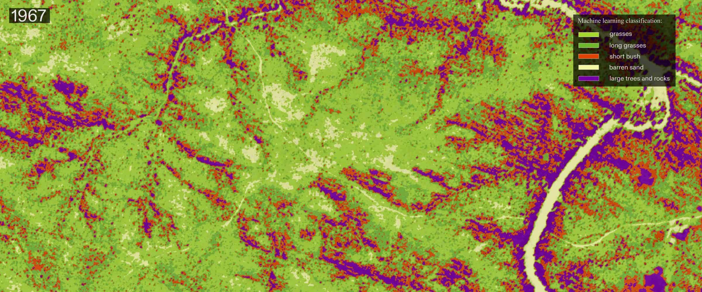 Environmental Analysis - Using machine learning, the team analysed the change of vegetation cover in the Hornkranz area since 1967 until present-day. The analysis indicates that the area has been subject to bush encroachment, a phenomenon whereby woody vegetation, such as thorny bush, spreads uncontrolled at the expense of grasses. (Forensic Architecture/Forensis)