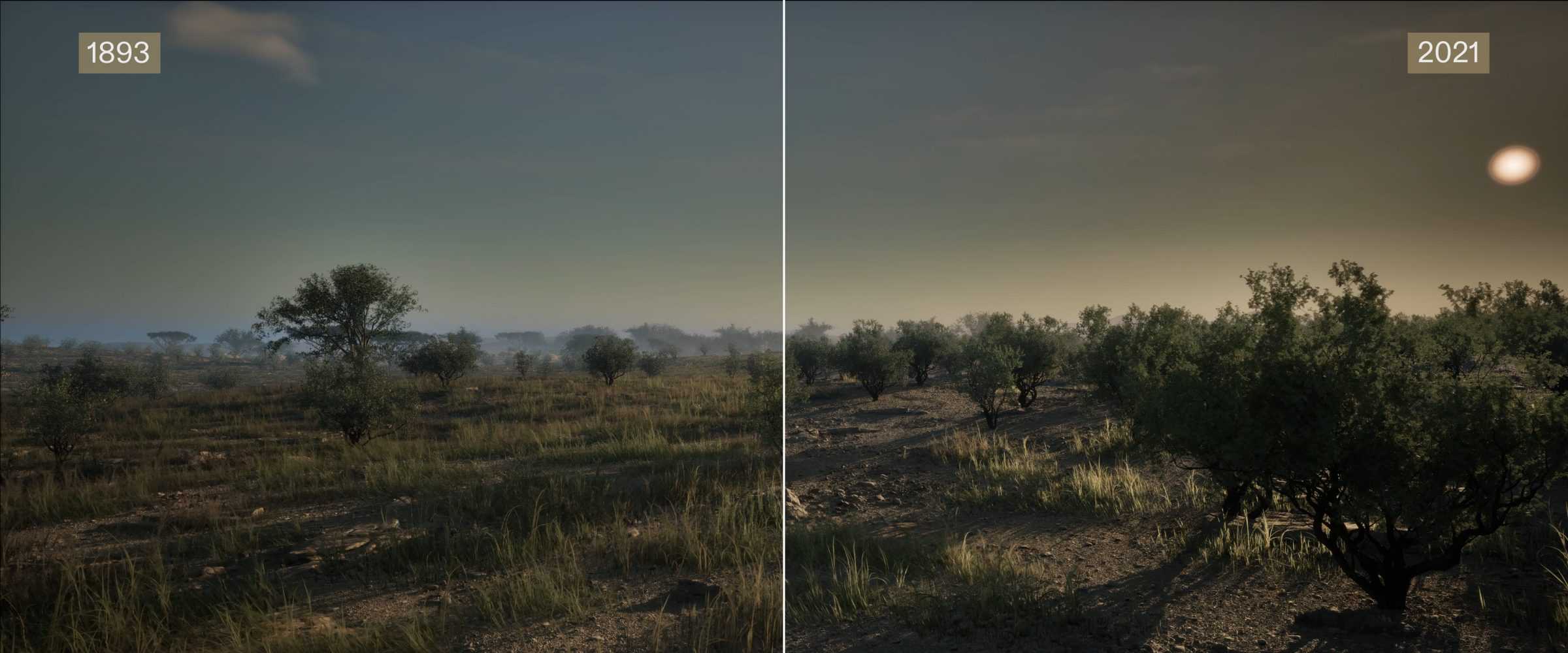 Environmental Comparison Based on Remote Sensing and Inherited Testimony - The reconstruction of the environment in 1893 reveals that the environment has suffered dramatic changes since the dispossession of the Nama and conversion of land into private property. (Forensic Architecture/Forensis)