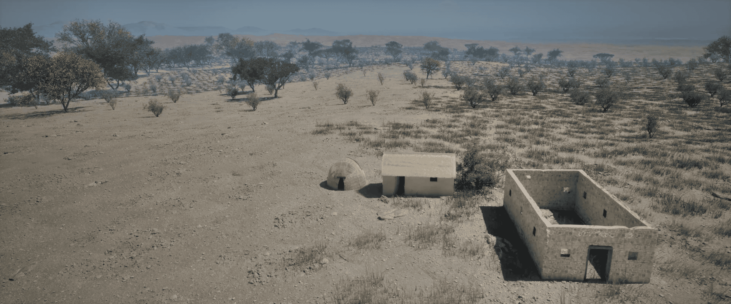 Hendrik Witbooi’s House and Church - 3D Reconstruction of Hendrick Witbooi's house (middle) and the incomplete settlement church (right). (Forensic Architecture/Forensis)