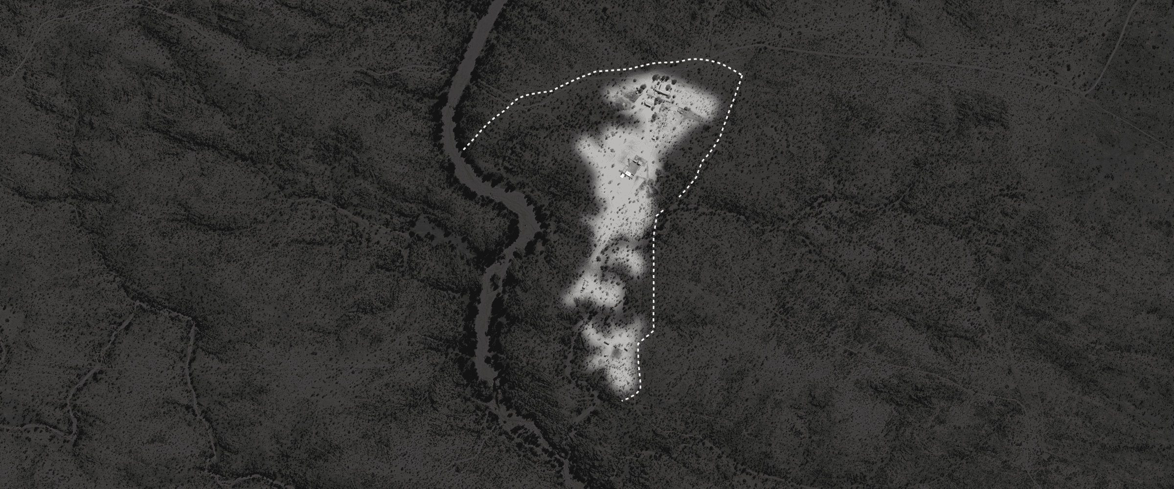 Area of Potential Inhabitation - The area of potential inhabitation is informed by the location of the settlement's remains, the explanation by Nama experts and descendants, and the landscape's contours and geological features. Our spatial analysis of the Witbooi settlement suggests the possible extents of the living area and an approximate size of the population and number of houses. (Forensic Architecture/Forensis)