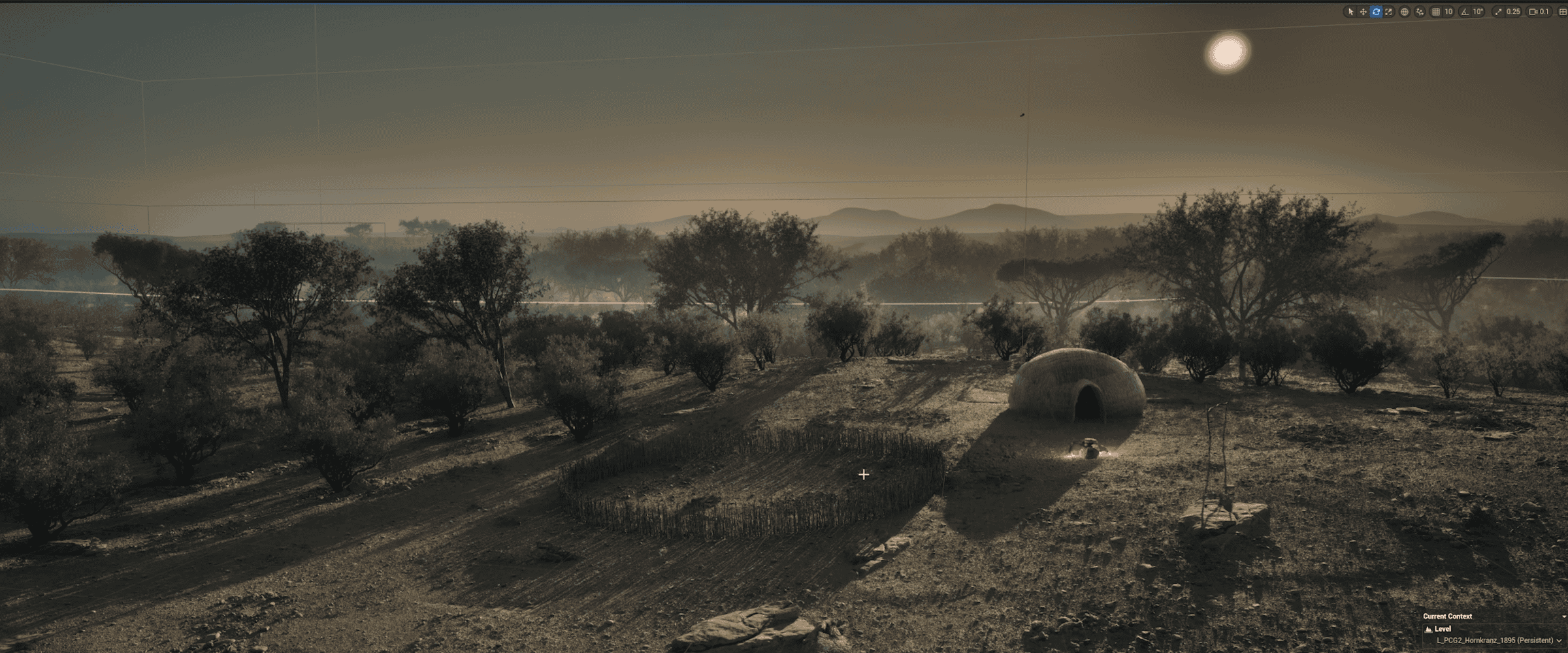 Typical Architecture of a House in Hornkranz - Reconstructed elements of a typical house in Hornkranz including a reed hut, a kraal for live stock, a wooden rack for meats, and a fire place. (Forensic Architecture/Forensis)