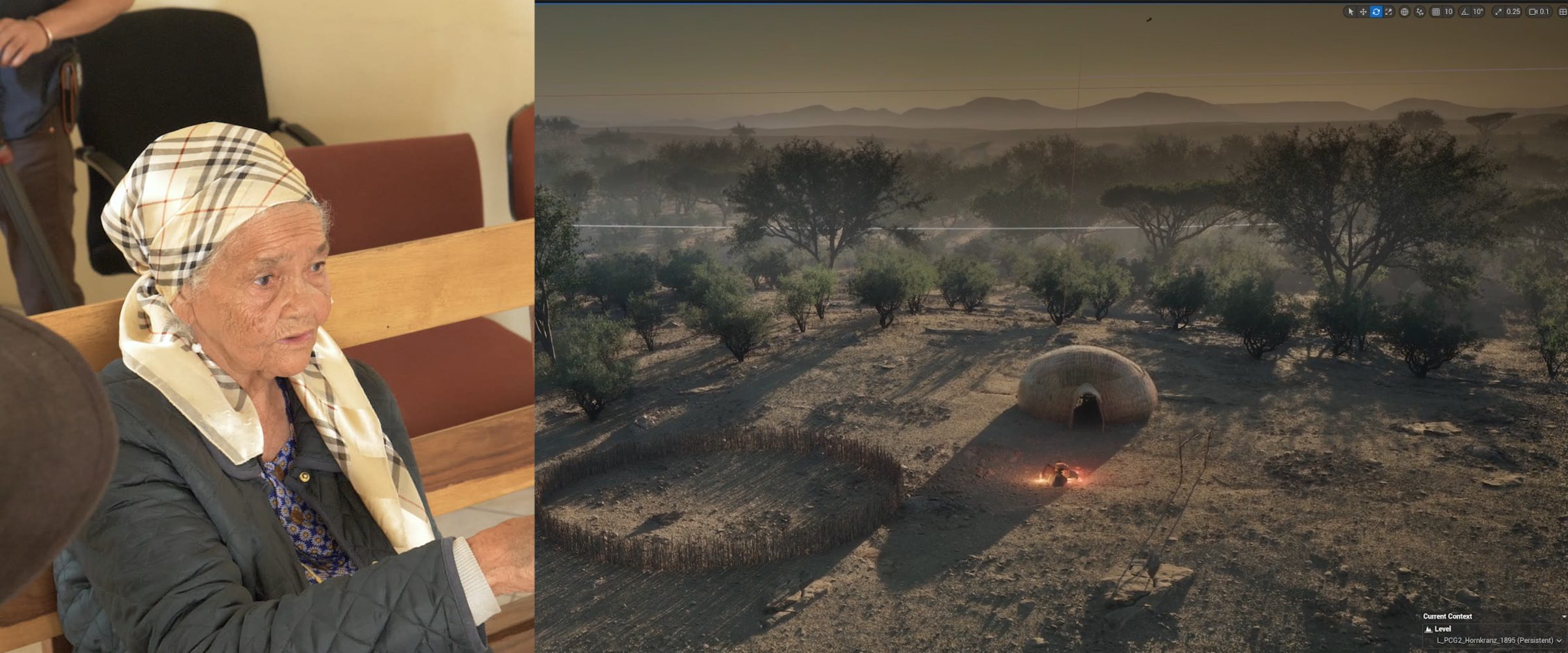 Situated Testimony Reconstruction - A Nama woman directs a researcher while reconstructing a typical house in Hornkranz. (Forensic Architecture/Forensis)