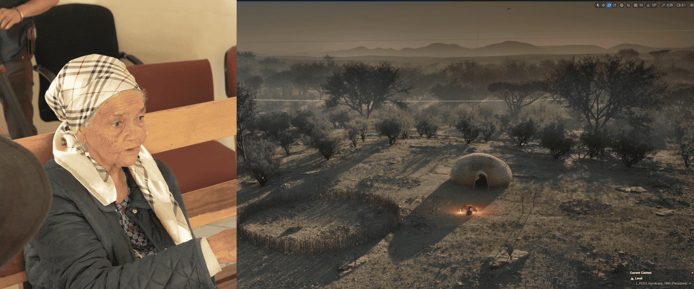 Situated Testimony Reconstruction - A Nama woman directs a researcher while reconstructing a typical house in Hornkranz. (Forensic Architecture/Forensis)