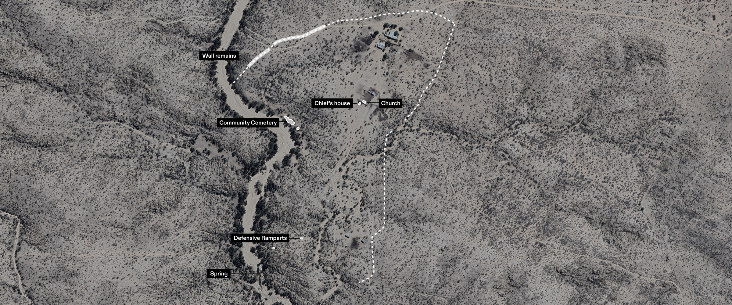 Remaining Ruins and Landmarks of Hornkranz - A map indicating the locations of the settlement's ruins and landmarks. (Forensic Architecture/Forensis)