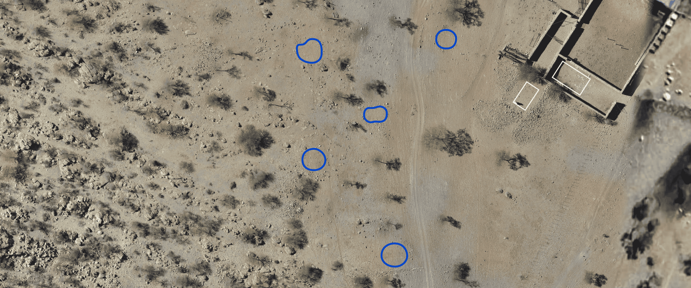 Traces of Possible Houses - We marked five possible sites where Witbooi homes might have stood. (Forensic Architecture/Forensis)