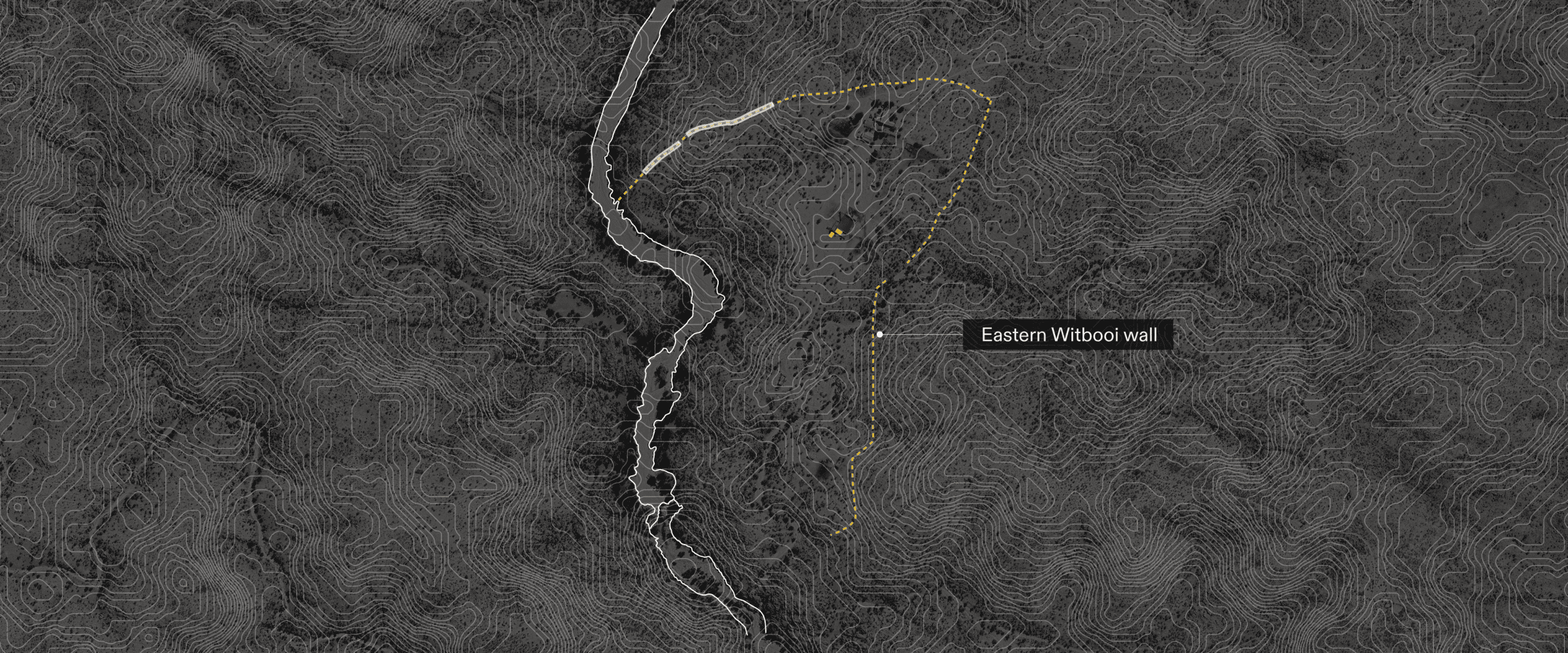 Estimated Location of the Settlement’s Defensive Wall - We estimate that an outer wall may have been constructed along the peak of the hill to the settlement’s east, given its optical reach and defensive position. (Forensic Architecture/Forensis)