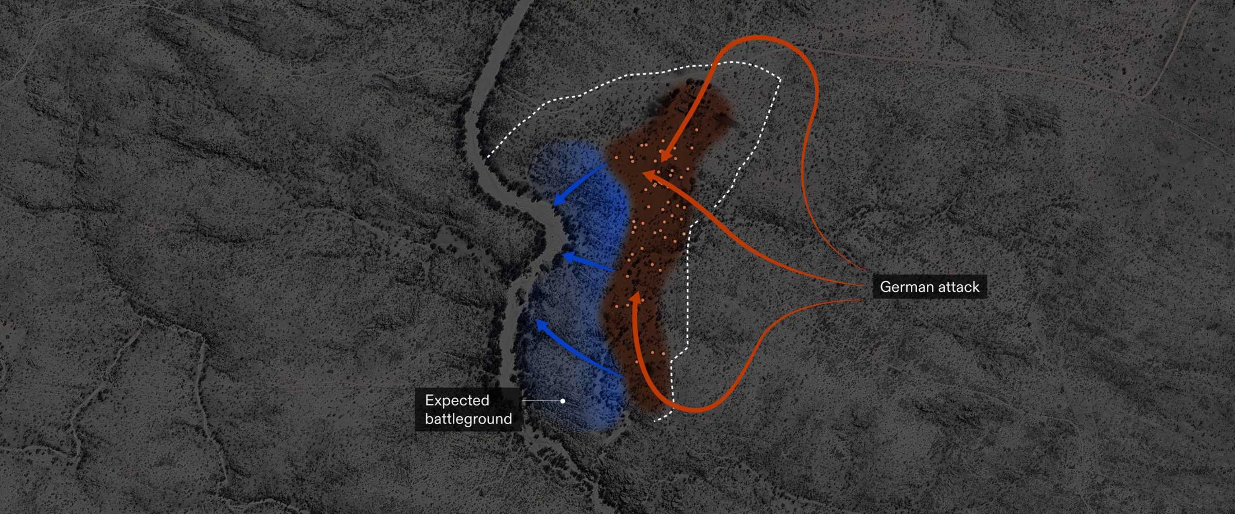Map of German Attack on Hornkranz, 12 April 1893 - Diagrammatic map showing the formation of the German attack (orange arrows) and the partial retreat of the Witbooi fighters toward the river, where they expected the German soldiers to follow them. Descendants narrate that instead, the Germans attacked the defenseless women and children of the settlement. (Forensic Architecture/Forensis)