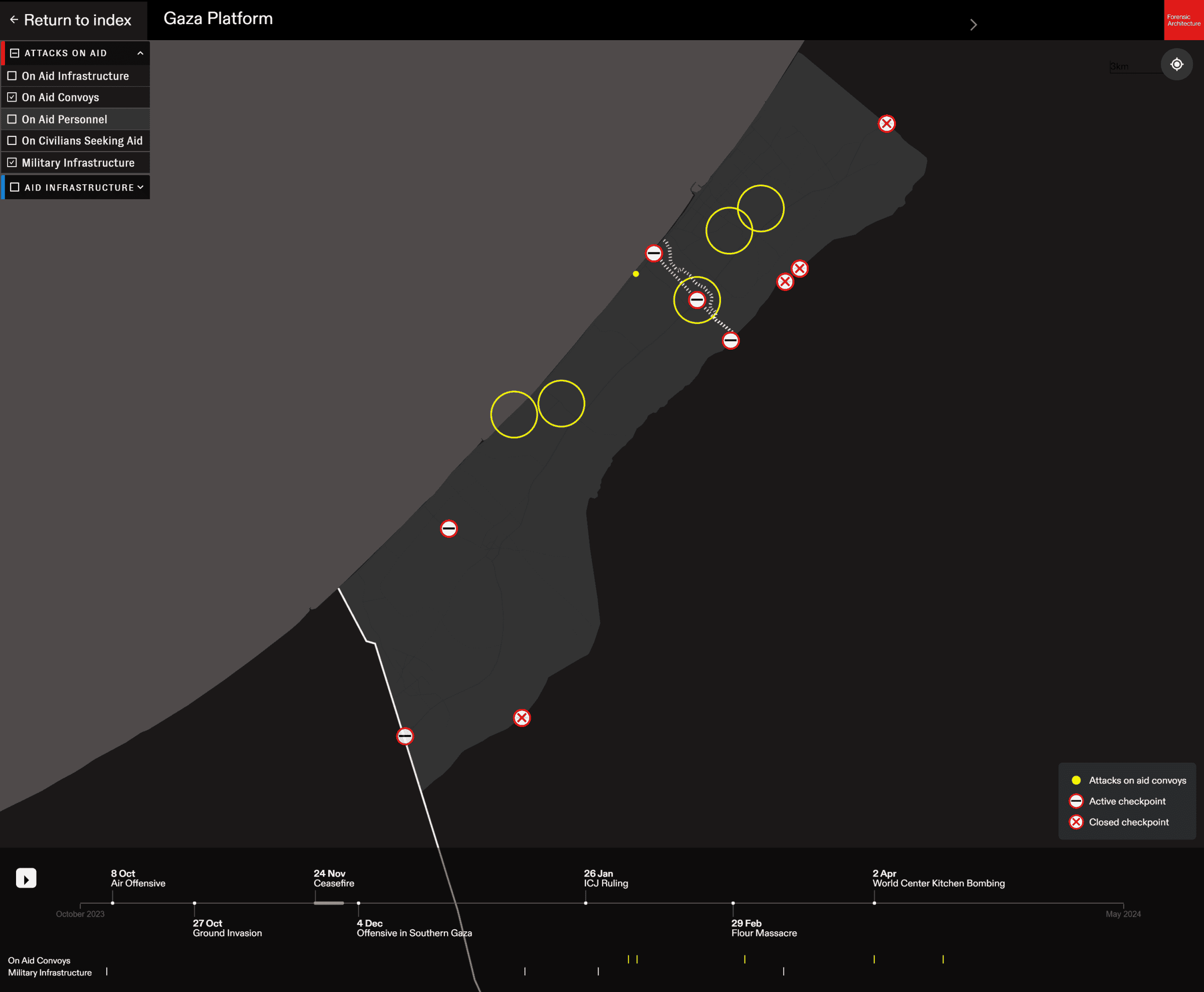  - Map of attacks on aid convoys in Gaza. (Forensic Architecture, 2024)