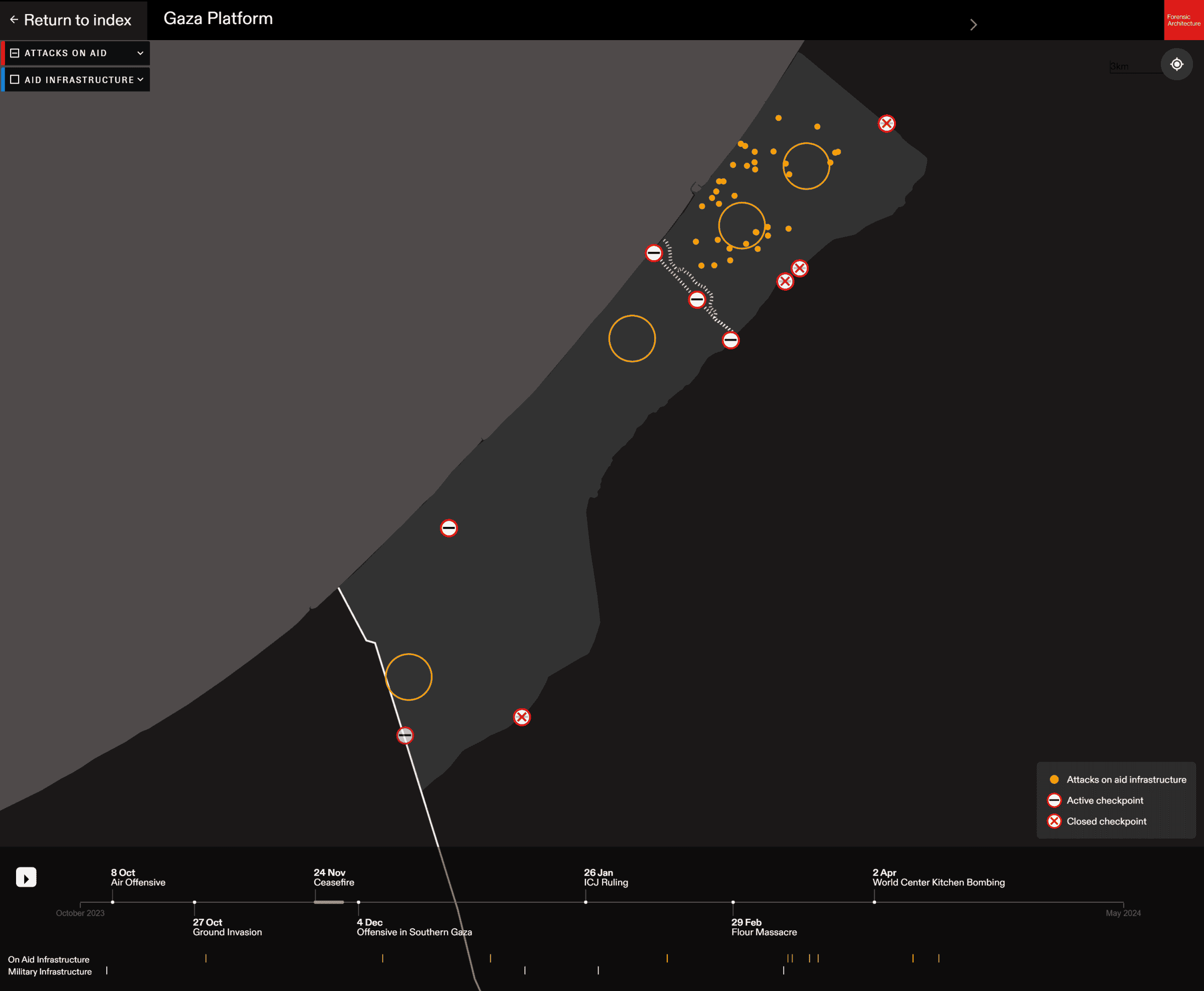  - Map of attacks on aid infrastructure in Gaza. (Forensic Architecture, 2024)