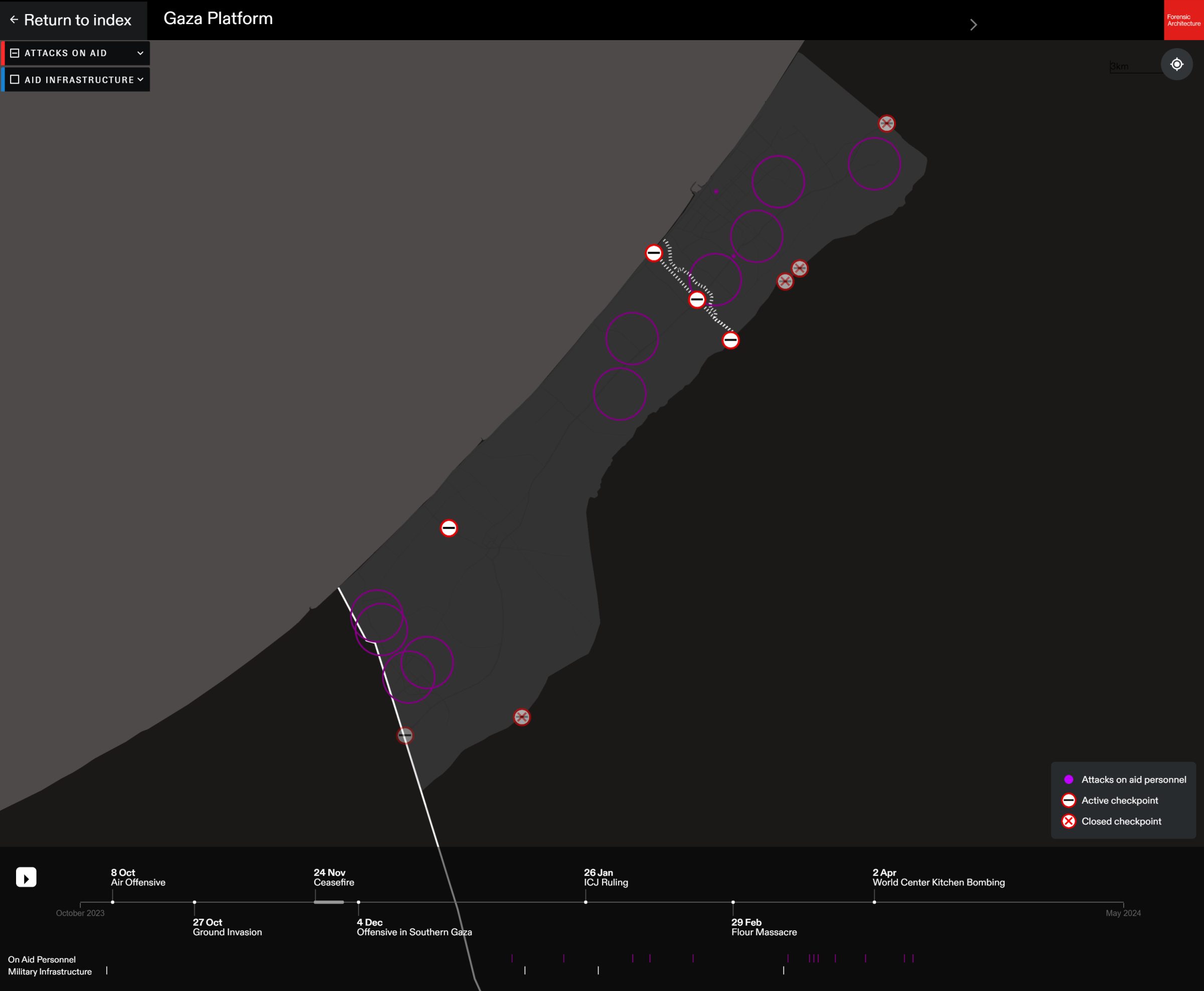  - Map of attacks on aid personnel in Gaza. (Forensic Architecture, 2024)