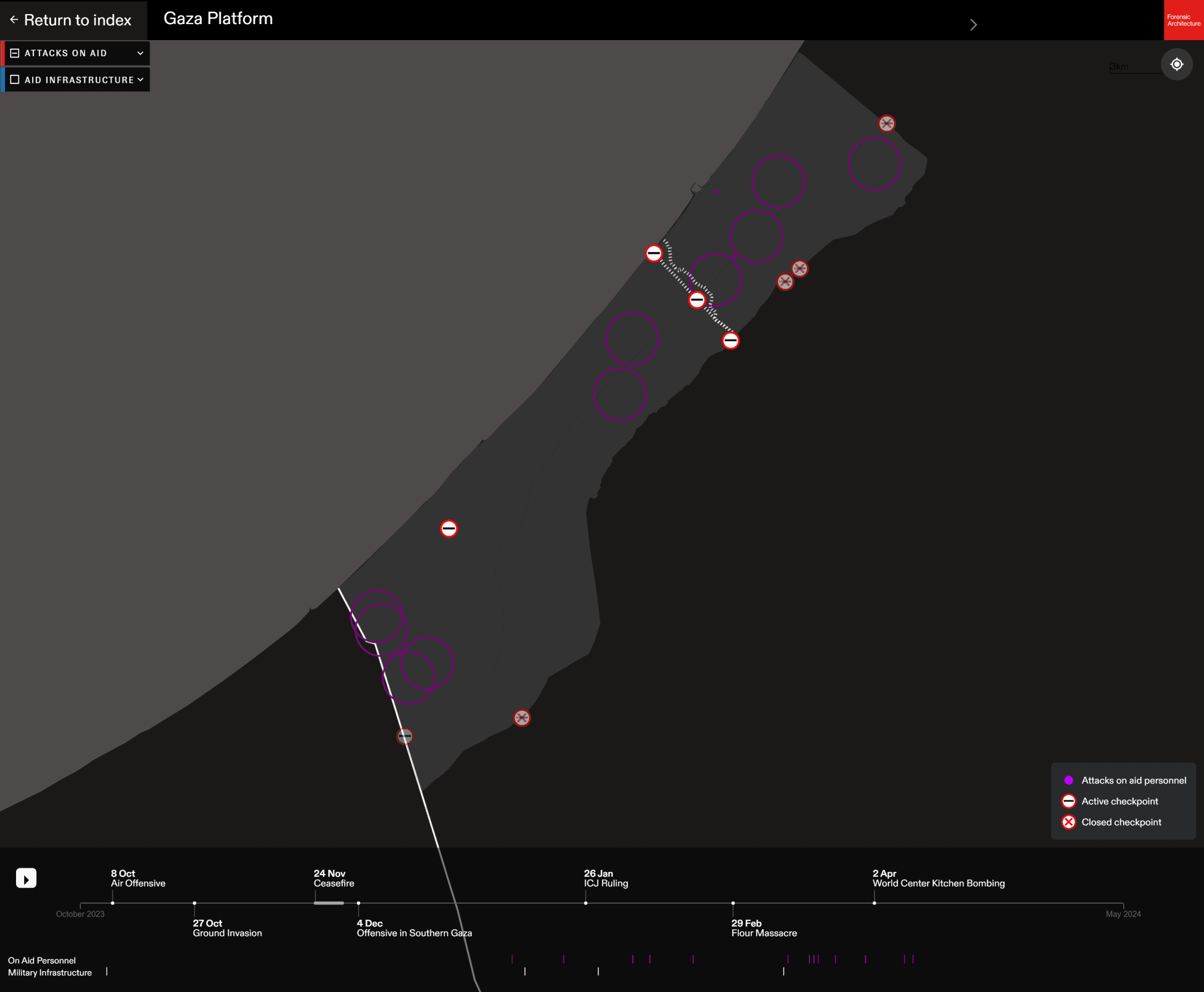  - Map of attacks on aid personnel in Gaza. (Forensic Architecture, 2024)