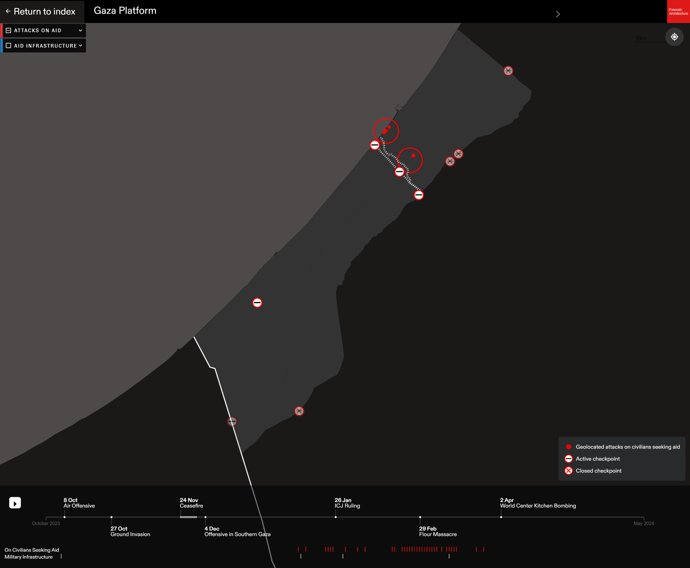 - Map of attacks on civilians attempting to access aid in Gaza. (Forensic Architecture, 2024)