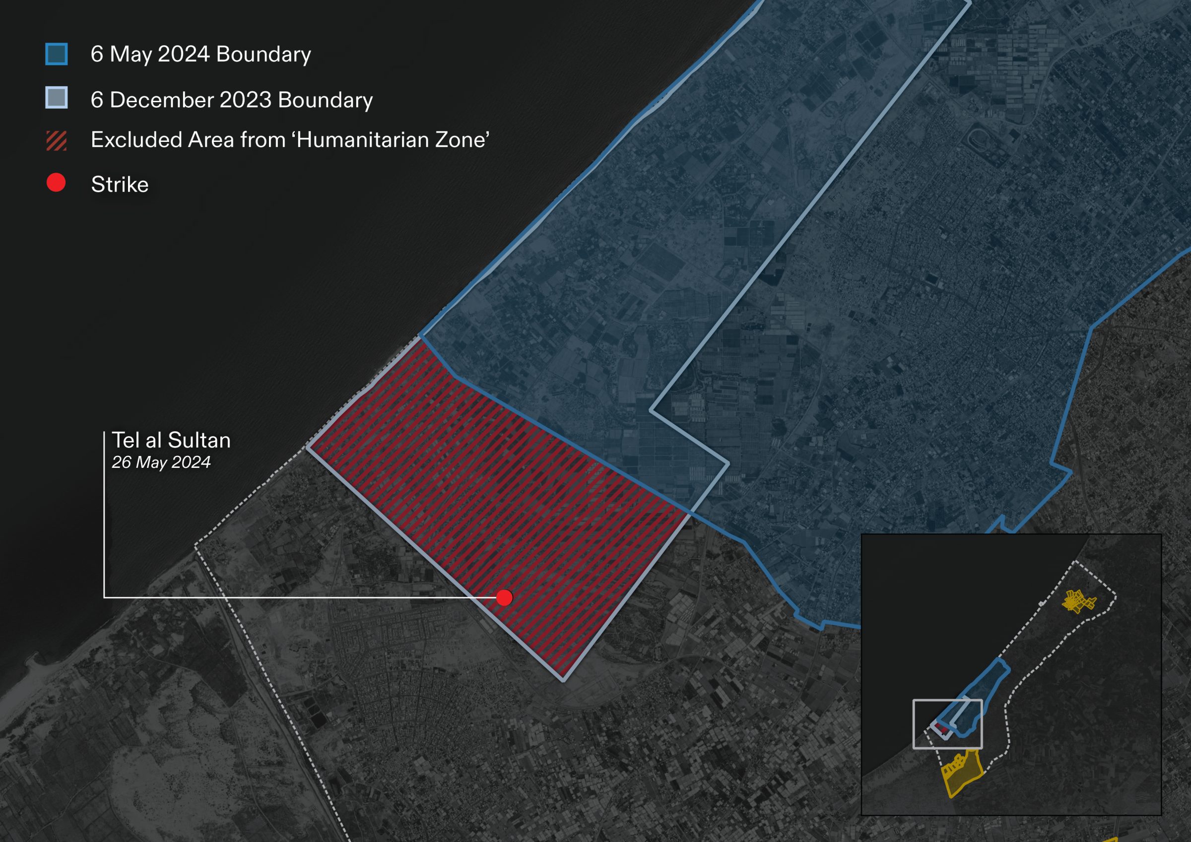Attacks on ‘safe zones’ – Tel al-Sultan - This map locates the 26 May 2024 airstrike within the bounds of the 'humanitarian zone', which had been moved without effective or sufficient warning. (Forensic Architecture, 2024)