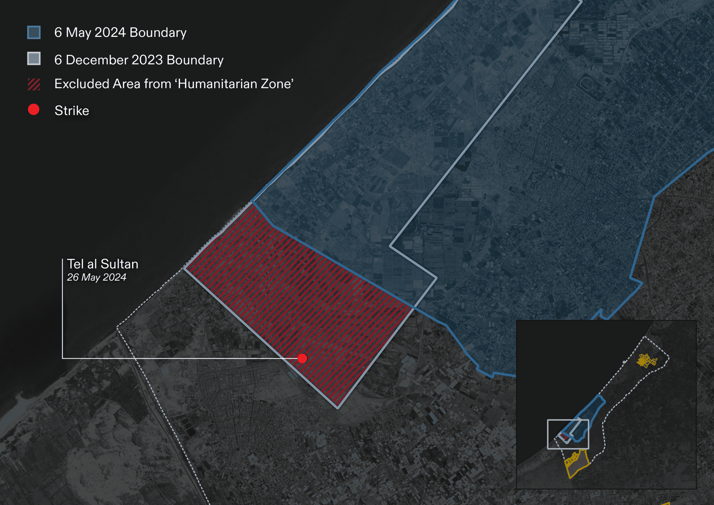Attacks on ‘safe zones’ – Tel al-Sultan - This map locates the 26 May 2024 airstrike within the bounds of the 'humanitarian zone', which had been moved without effective or sufficient warning. (Forensic Architecture, 2024)