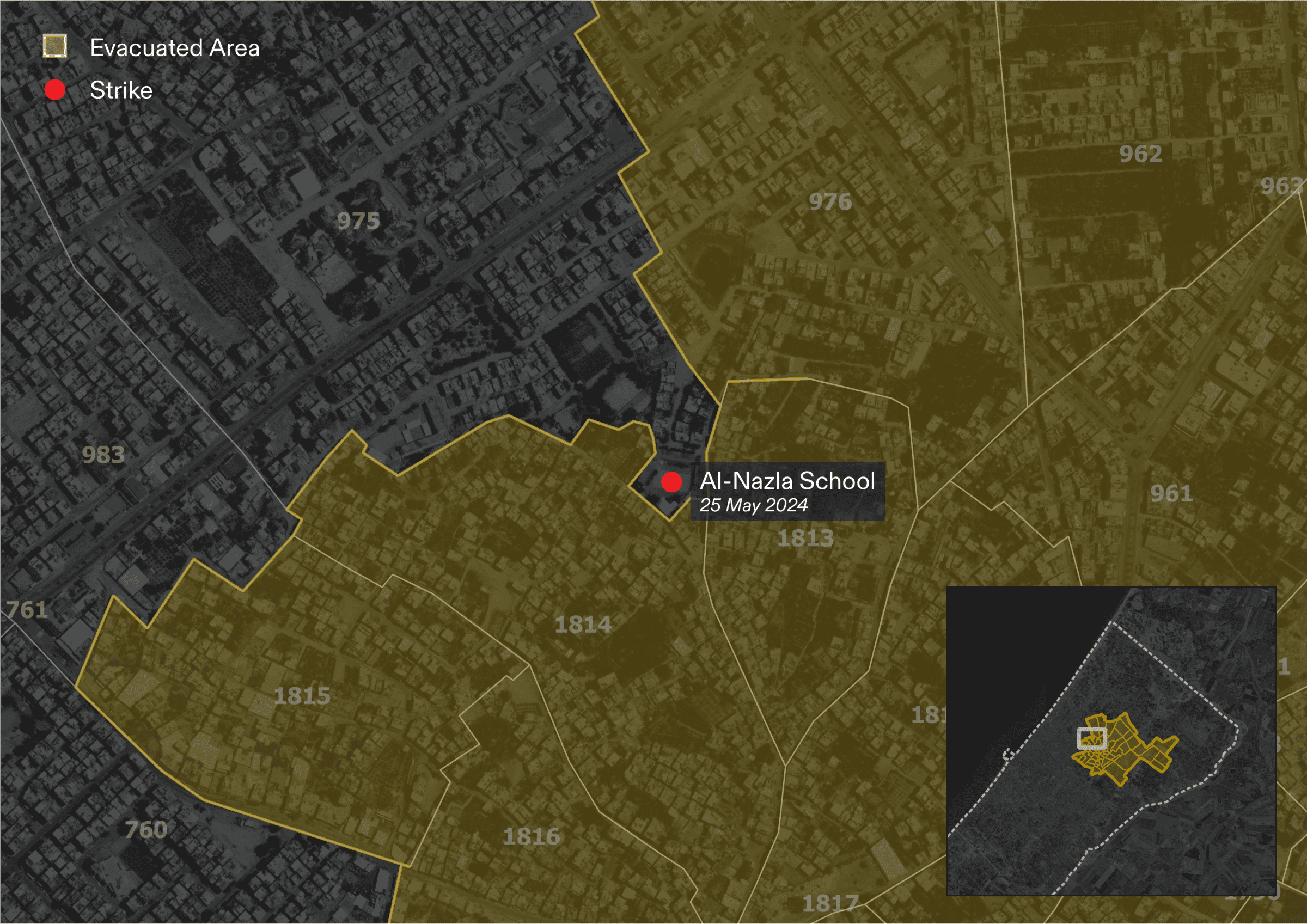 Attacks on ‘safe zones’ – Al-Nazla School - This map shows the location of the school attached on 25 May 2024, relative to the areas subject to an evacuation order. Civilians sheltered in the school, following Israel's instructions that the school did not fall into the area required to evacuate. Nevertheless, the school was attacked, and ten people were killed. (Forensic Architecture, 2024)