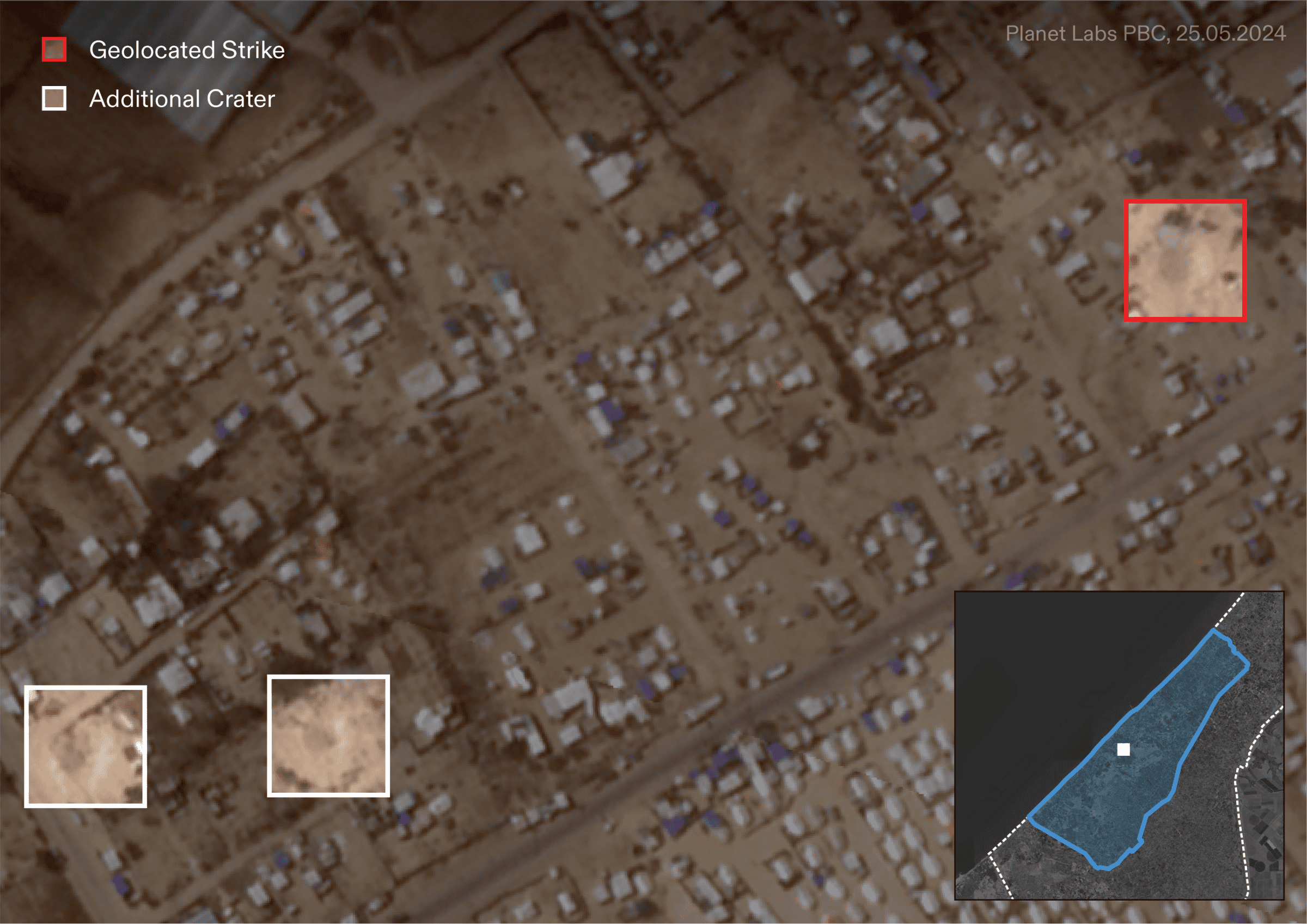 Attacks on ‘safe zones’ – Asdaa geolocation - In a satellite image from 25 May 2024, a crater is visible from the 24 May 2024 airstrike on Asdaa. Two other craters are also visible, indicating two other separate airstrikes on the 'humanitarian zone'. (Forensic Architecture, 2024)