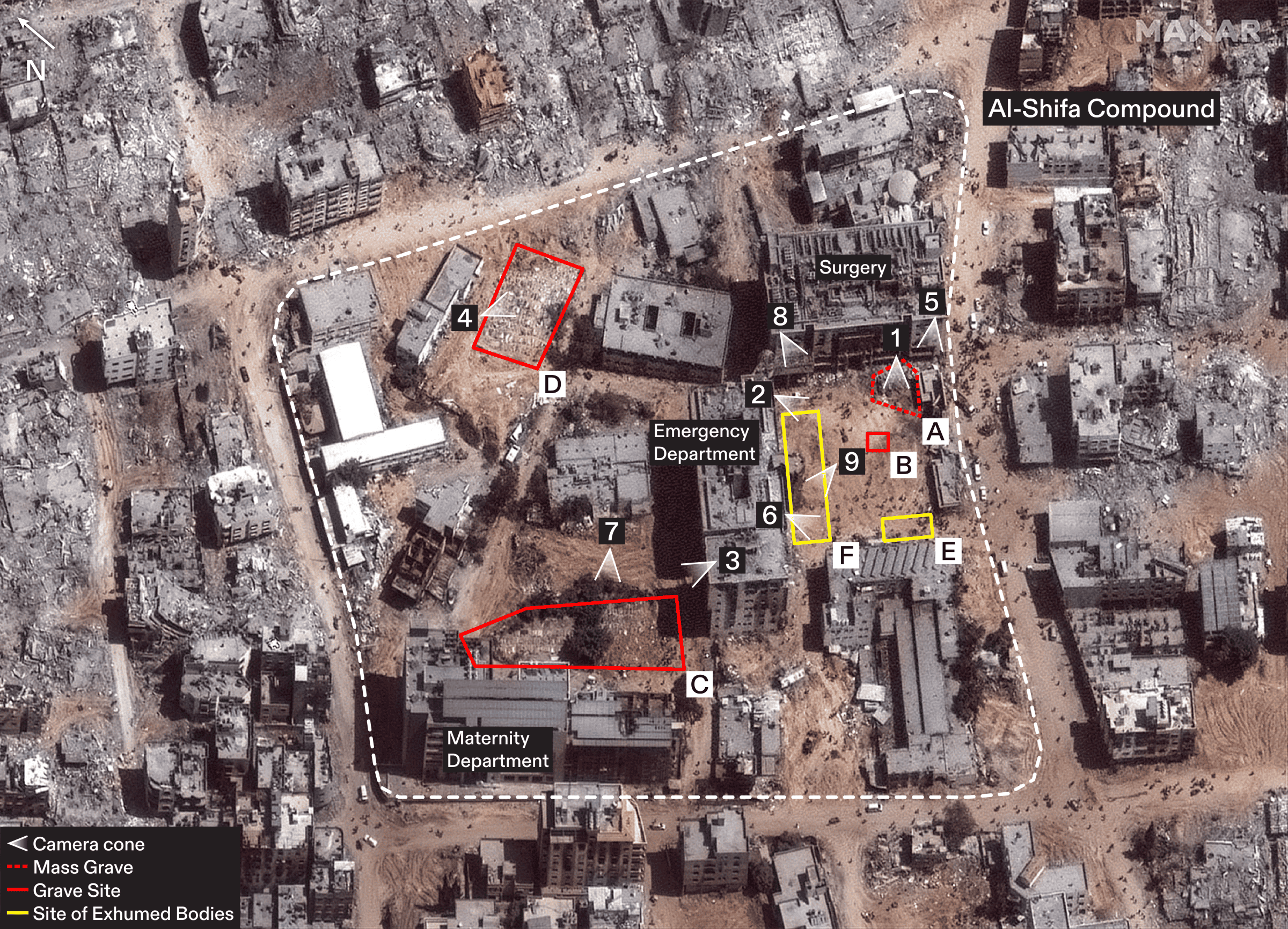  - An annotated satellite image (© Maxar Technologies) of al-Shifa Hospital from 1 April 2024 showing the locations of four desecrated burial grounds (in red) and two sites (in yellow) where bodies of Palestinians killed during the second Israeli invasion were exhumed after the army withdrew from the compound. Nine numbered camera cones indicate the positions of cameras that captured the visual evidence from al-Shifa that we analysed.
