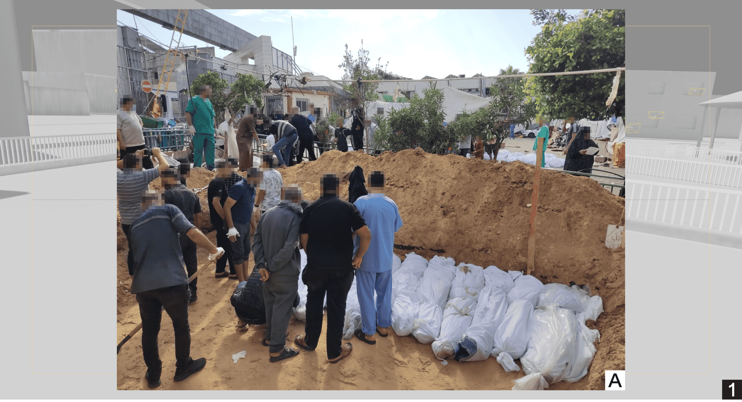  - Site A, seen from camera position 1. A photograph showing the location of a mass grave that has been matched to its location within Forensic Architecture's 3D model of al-Shifa Hospital compound. Doctors and civilians are seen digging a mass grave outside al-Shifa Hospital’s Surgery building on 14 November during the siege that preceded the Israeli army’s first invasion. Photo: Khader Al Za’anoun (Source: https://images.app.goo.gl/jxn3gaYfmDkSnF8d8)