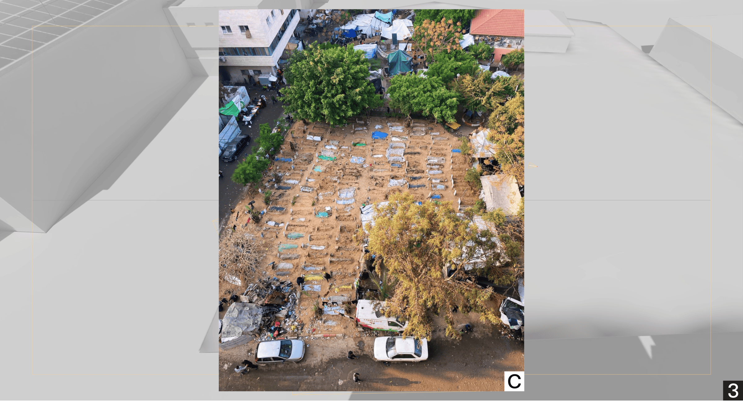 - Site C, seen from camera position 3. A photograph showing the location of a burial ground within Forensic Architecture's 3D model of al-Shifa Hospital compound. The photograph, taken after the first Israeli invasion of al-Shifa, shows a plot of land to the rear of the Emergency Department that was made into a makeshift cemetery containing over 100 graves. Photo: Ramy Abdu, @RamAbdu (Source: https://twitter.com/RamAbdu/status/1741845936874144016)