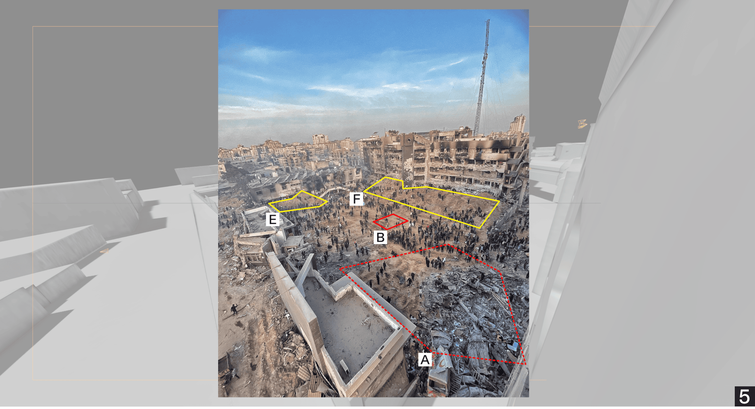  - Sites A, B, E and F, from camera position 5. A photograph posted on 2 April showing the locations of two makeshift burial grounds (Site A and Site B) and the two areas of exhumation (Site E and Site F) within Forensic Architecture's 3D model of al-Shifa Hospital compound. This image shows the broad destruction to al-Shifa Hospital, including the desecration of a mass grave (Site A, outlined in red dash), a burial ground (Site B, outlined in red) and two sites where bodies were exhumed following the second Israeli invasion (Site E and Site F, outlined in yellow). Photo: Mahmoud Abusalama (Source: https://www.instagram.com/p/C5QUPCGN58J/?hl=en&img_index=1)