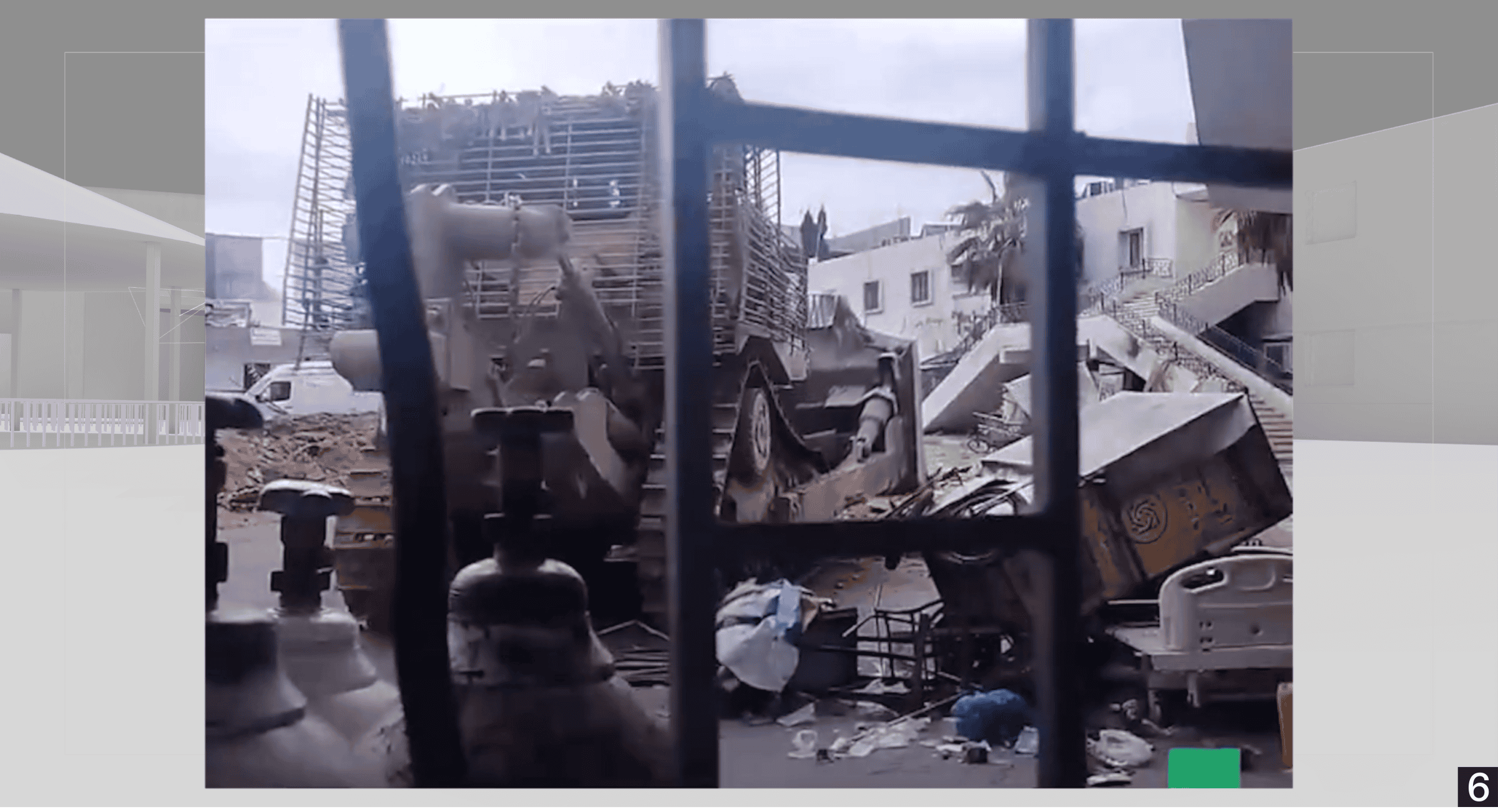  - Camera position 6. A still frame from a video recorded at the beginning of the second Israeli invasion of al-Shifa showing an Israeli army bulldozer destroying the hospital’s courtyard. We matched the location of the bulldozer within Forensic Architecture’s 3D model of al-Shifa Hospital compound. Video: Al Jazeera (Source: https://twitter.com/AJA_Palestine/status/1769675921924010154)