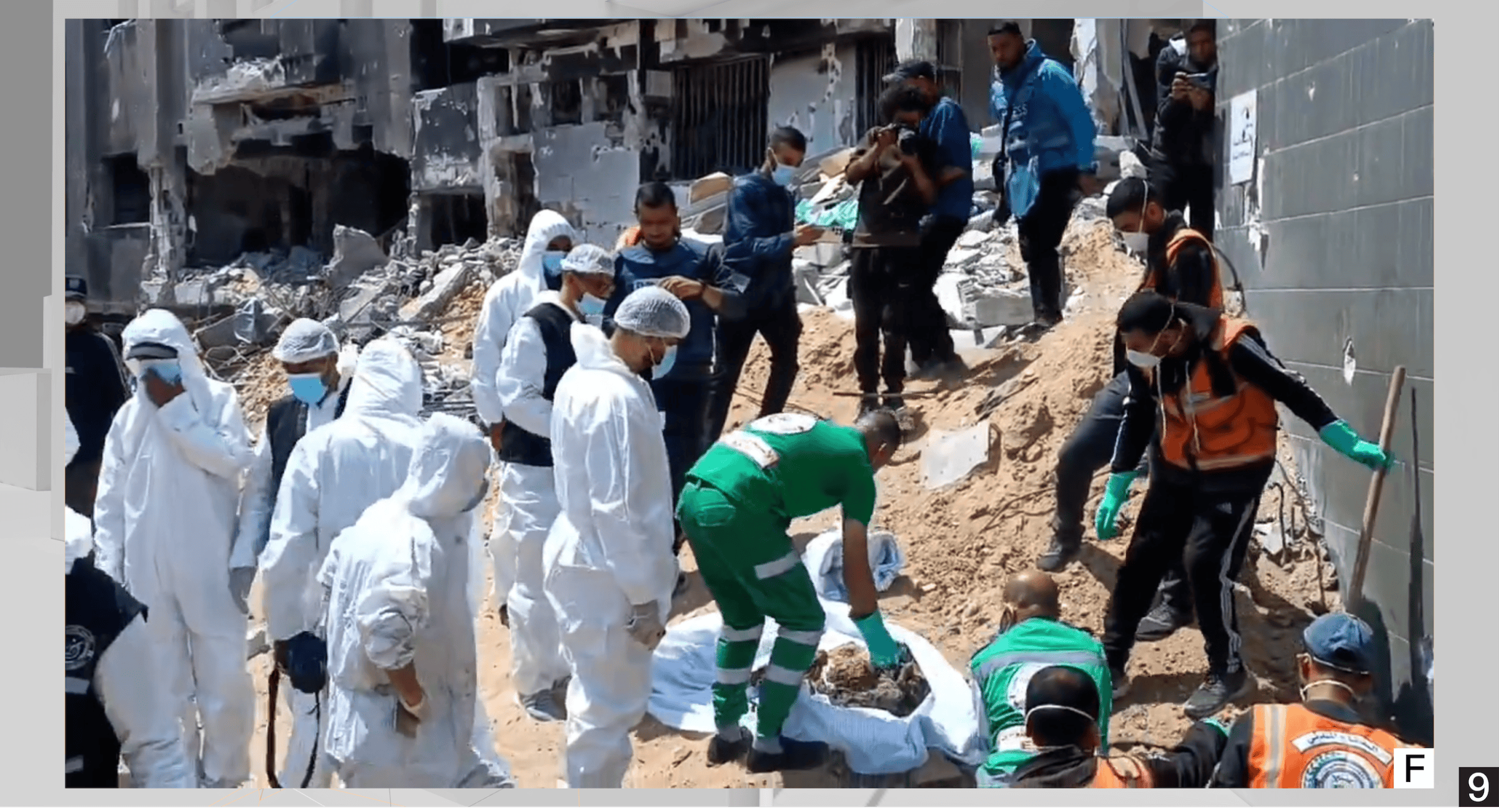  - Site F, seen from camera position 9. A still frame from video posted on 8 April shows Palestinian civil defence and emergency workers exhuming remains from a pile of earth and rubble outside al-Shifa's Emergency Department. Photo: Ramy Abdu (Source: https://twitter.com/RamAbdu/status/1777306768802038012)