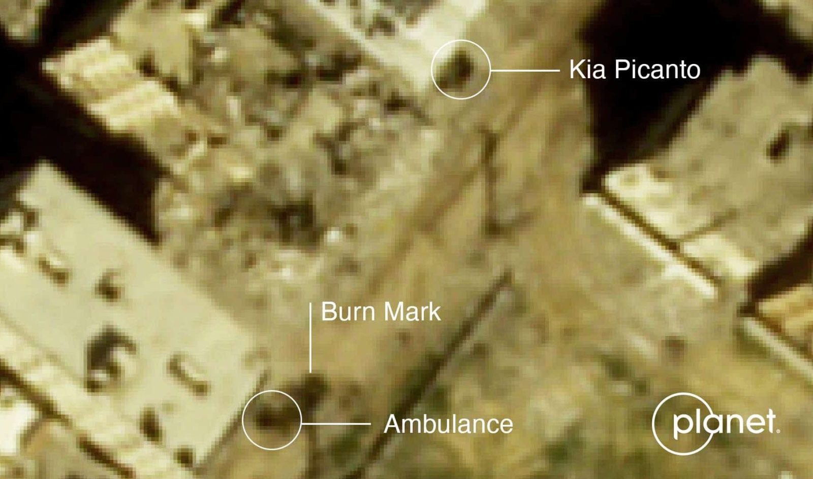 Figure 10 - Fig 10. Burn mark in front of the remains from the ambulance (8 Feb 2024 © Planet Labs PBC). (Forensic Architecture, 2024)