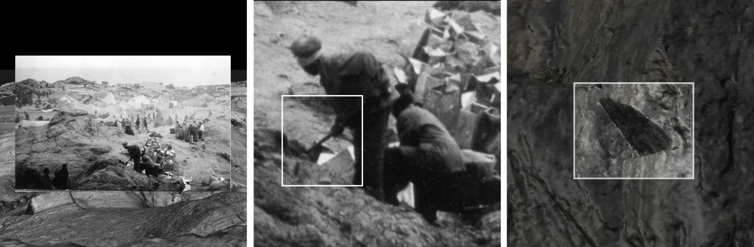 Nama Camp - An archival photograph of an inmate holding an axe, situated within our 3D model (left). The inmate is seen standing  on a rock (centre) that today contains a human-made incision. A detail from our photogrammetry model of the rock and human-made incision appears to the right. (Forensic Architecture/Forensis, 2024)