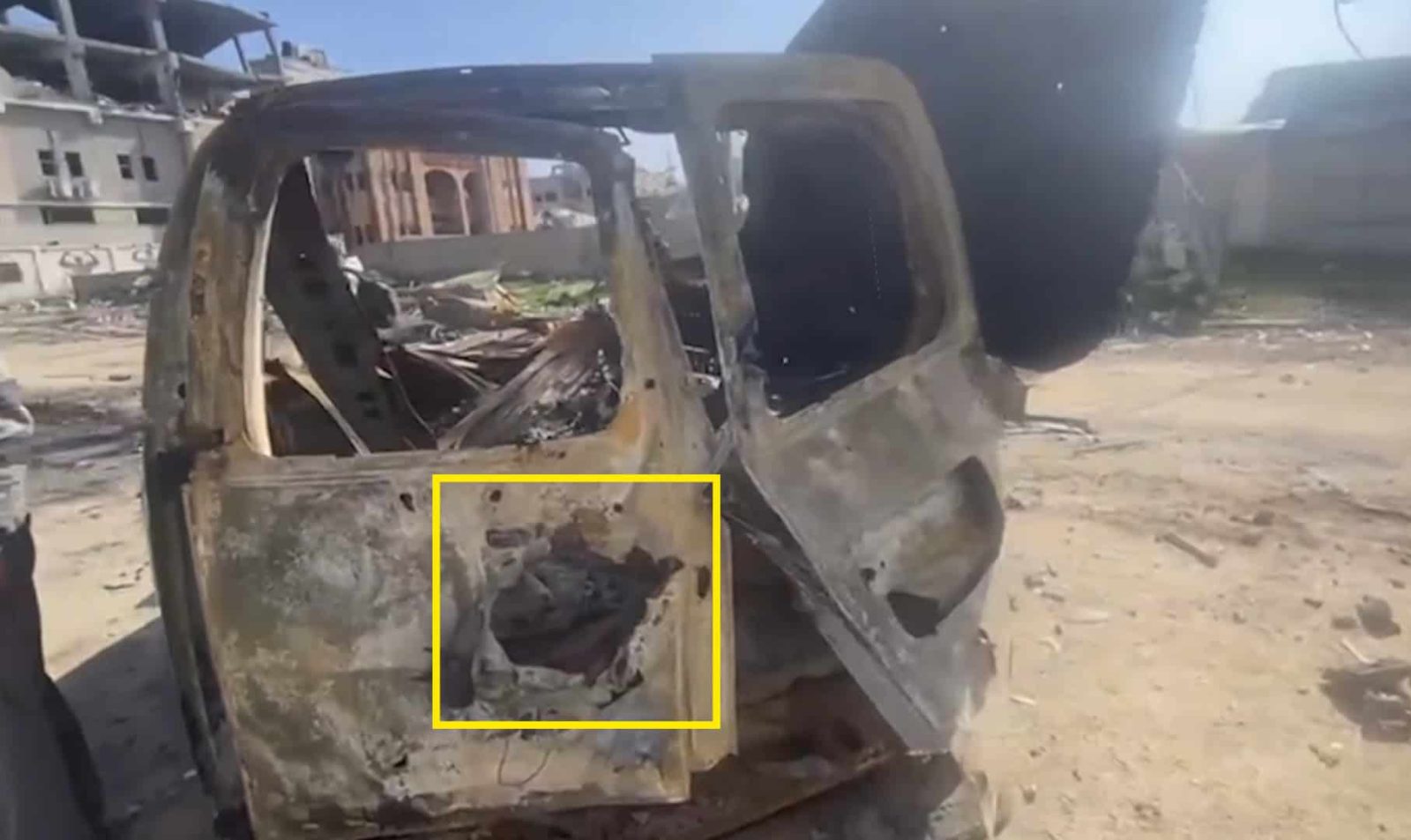 Figure 12 - Fig 12. Exit hole on the left rear of the ambulance. Image source: Al Jazeera (Forensic Architecture, 2024)