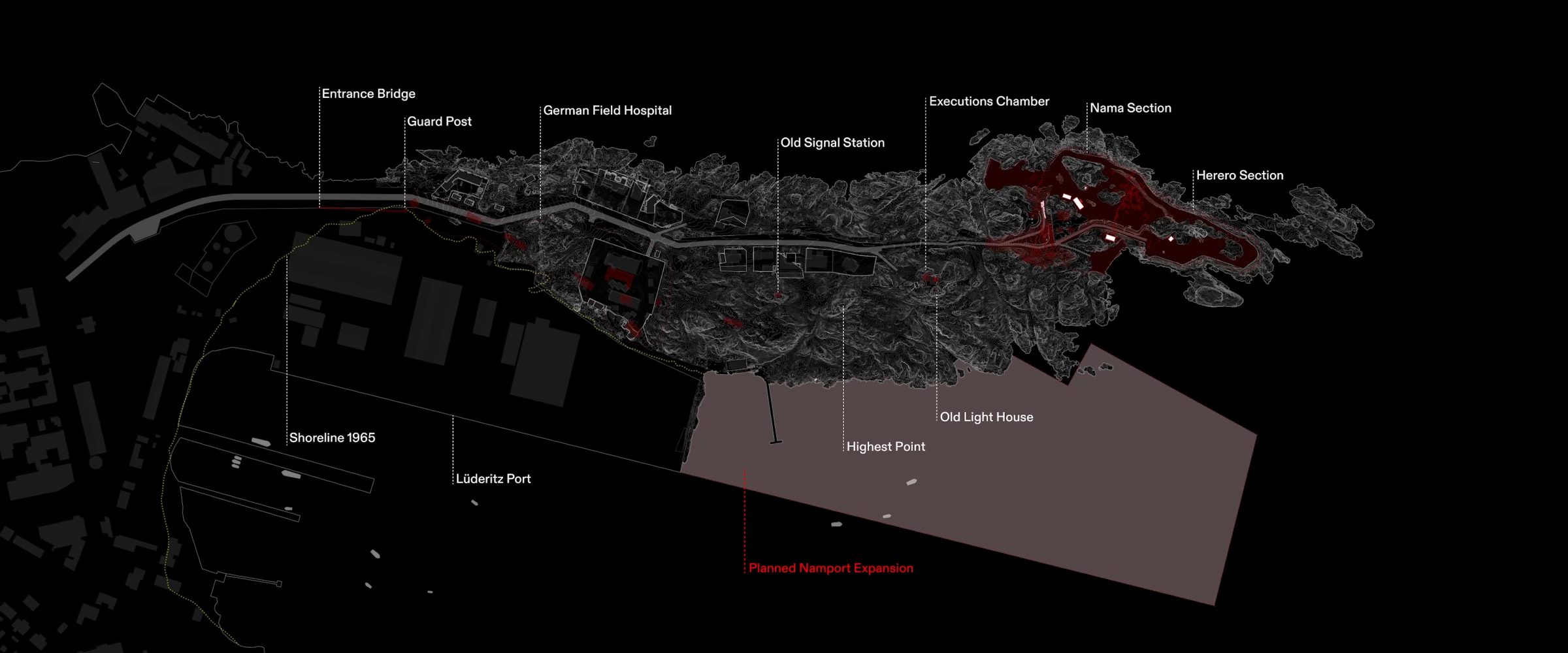 Map of Proposed Port Expansion - Map of the proposed Namport expension with structures and sections of the concentration camp on Shark Island, as well as an overview of terraformation such as sand infill. (Forensic Architecture/Forensis, 2024)