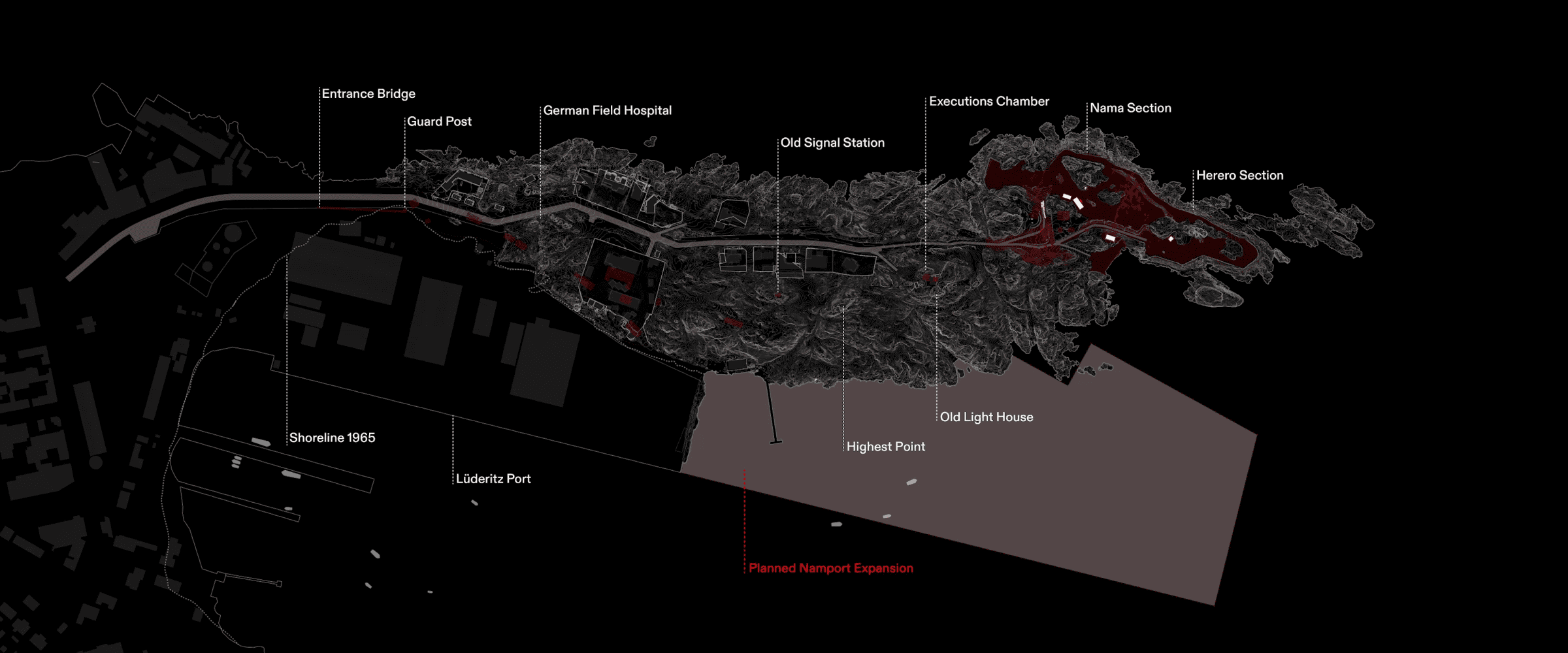Map of Proposed Port Expansion - Map of the proposed Namport expension with structures and sections of the concentration camp on Shark Island, as well as an overview of terraformation such as sand infill. (Forensic Architecture/Forensis, 2024)
