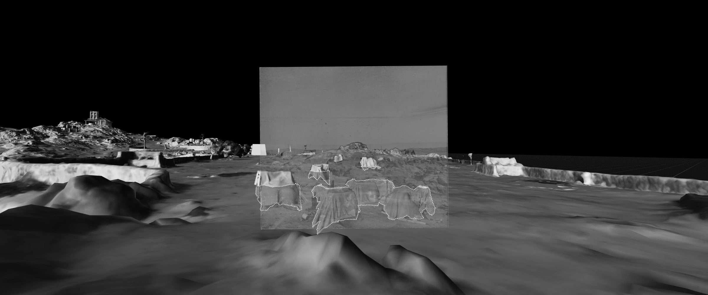 Buried Tents - An archival photograph showing the area where Ovaherero prisoners used to be held. The area has since been terraformed, with the former premises of the camp today buried under a layer of gravel to allow access for vehicles and tourists. (Forensic Architecture/Forensis, 2024)