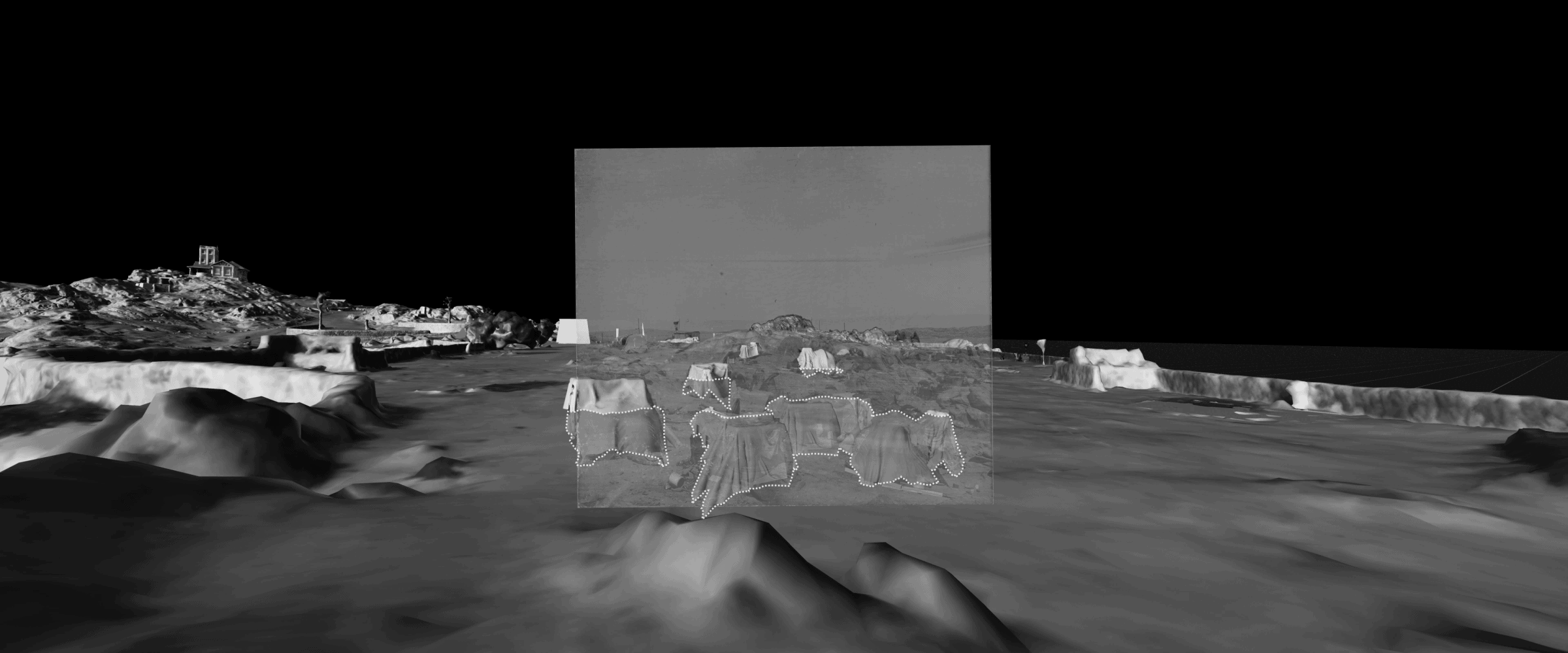 Buried Tents - An archival photograph showing the area where Ovaherero prisoners used to be held. The area has since been terraformed, with the former premises of the camp today buried under a layer of gravel to allow access for vehicles and tourists. (Forensic Architecture/Forensis, 2024)