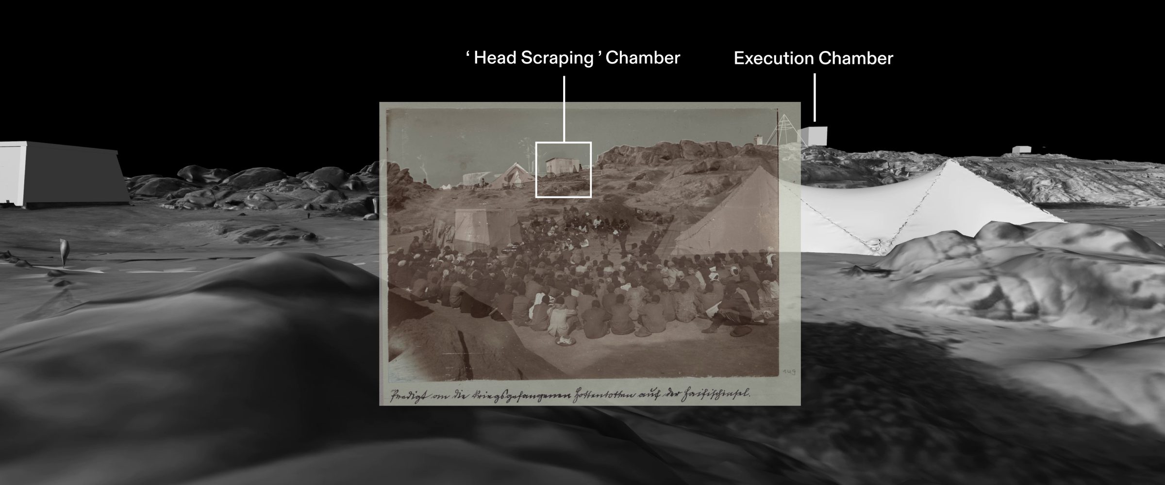 Head Scraping Chamber - An archival photograph of a sermon features a structure in the background that, according to oral history, may have been where the gruesome practice of skull scraping took place. External image source: Staatliche Kunstsammlungen Dresden (Forensic Architecture/Forensis, 2024)