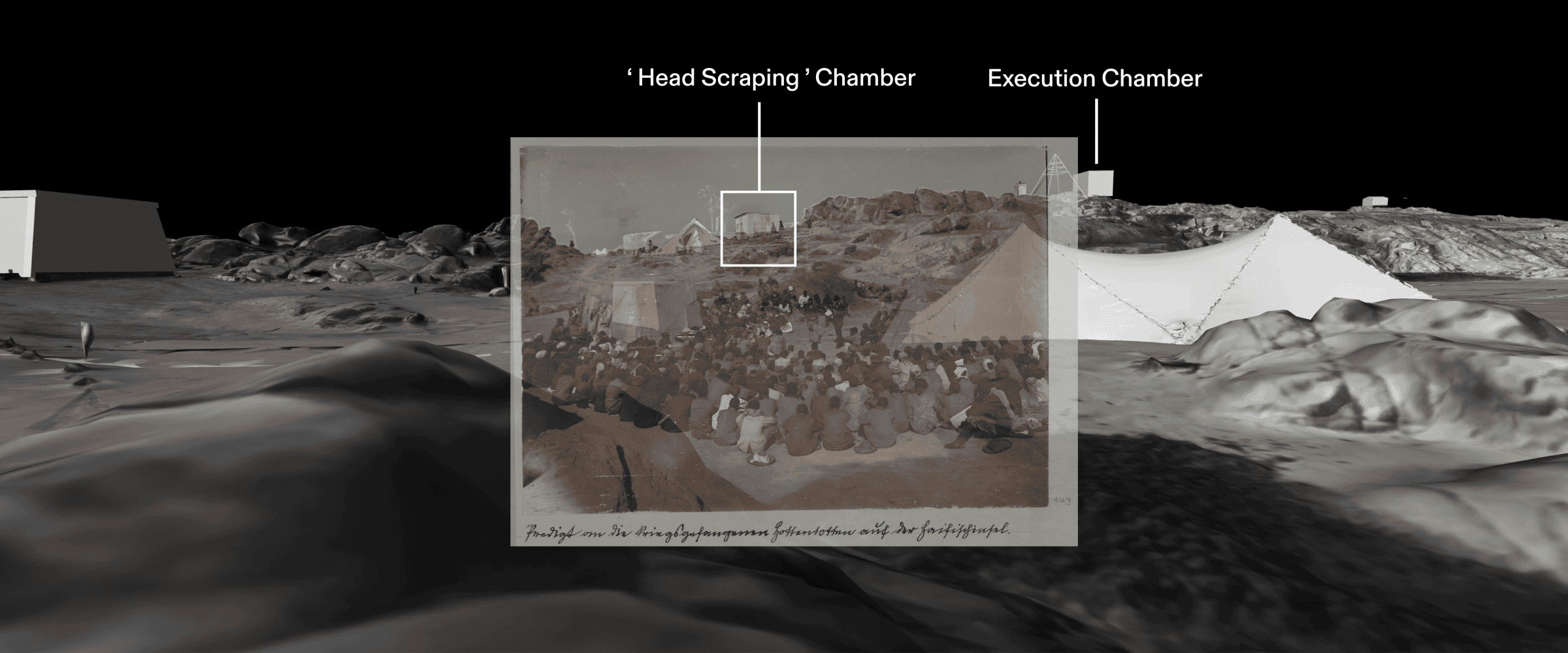Head Scraping Chamber - An archival photograph of a sermon features a structure in the background that, according to oral history, may have been where the gruesome practice of skull scraping took place. (Image source: Staatliche Kunstsammlungen Dresden) (Forensic Architecture/Forensis, 2024)