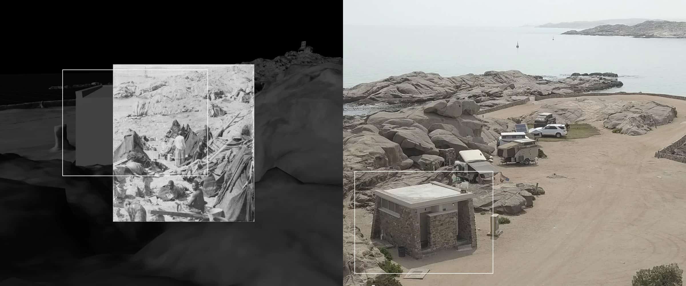 Tents - Archival photograph, likely dating to 1905, of Herero inmates in the concentration camp surrounded by tent structures offering little protection (left). A sanitary facility for tourists today stands in the same location where prisoners were detained in tents (right). (Forensis/Forensic Architecture, 2024)