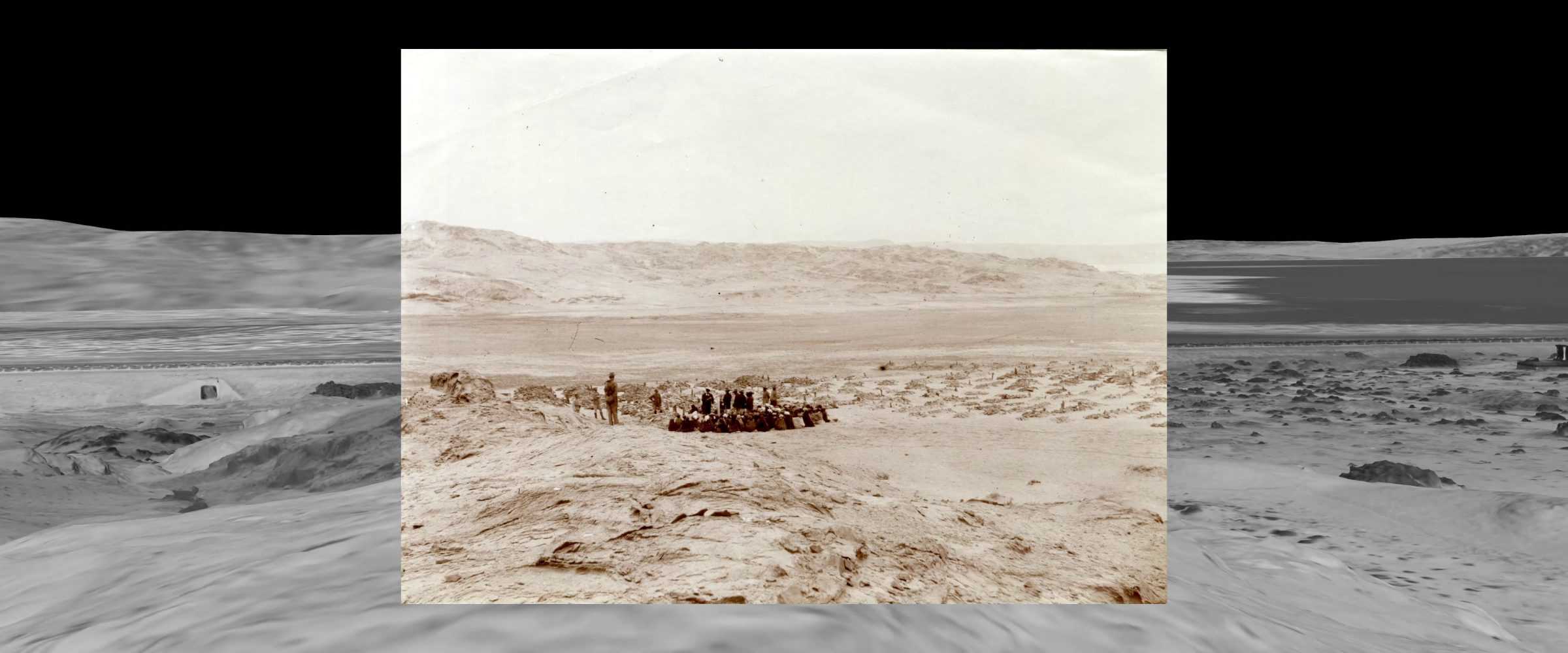 Burial of Shark Island Victims - A photo, likely from 1906, labelled by the archive as, ‘Burial of Shark Island concentration camp victims near Lüderitzbucht',’ shows the burial ceremony in Radford Bay. The markings indicate different grave zones. Image source: National Archives of Namibia (Forensic Architecture/Forensis, 2024)