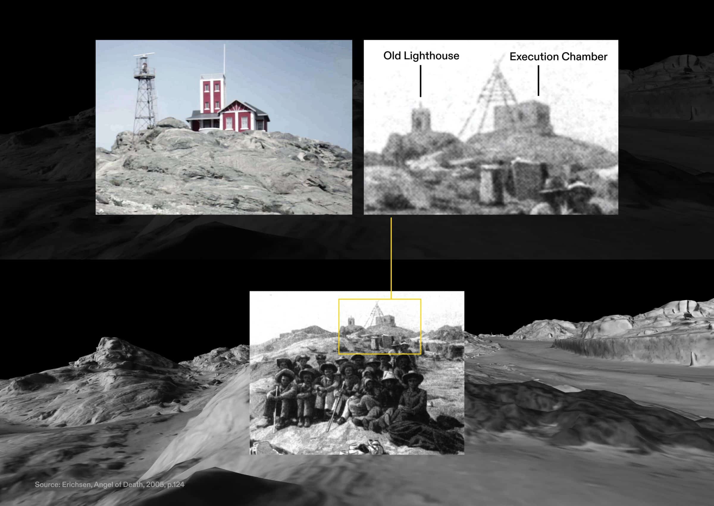 Lighthouse vs Execution Chamber - A photomatch of an archival image from Shark Island within our 3D reconstruction of the island, allowing us to place the execution chamber (here seen behind the red lighthouse) within the model and thus to determine its precise location. (Forensic Architecture/Forensis, 2024)