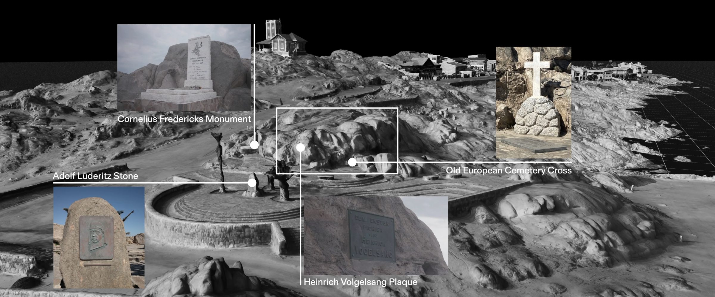 Memorials - The memorial location on Shark Island overwhelmingly features plaques commemorating German colonists of the area. One memorial stone is dedicated to Cornelius Fredericks and his fellow Nama people who died in the camp. (Forensic Architecture/Forensis, 2024)