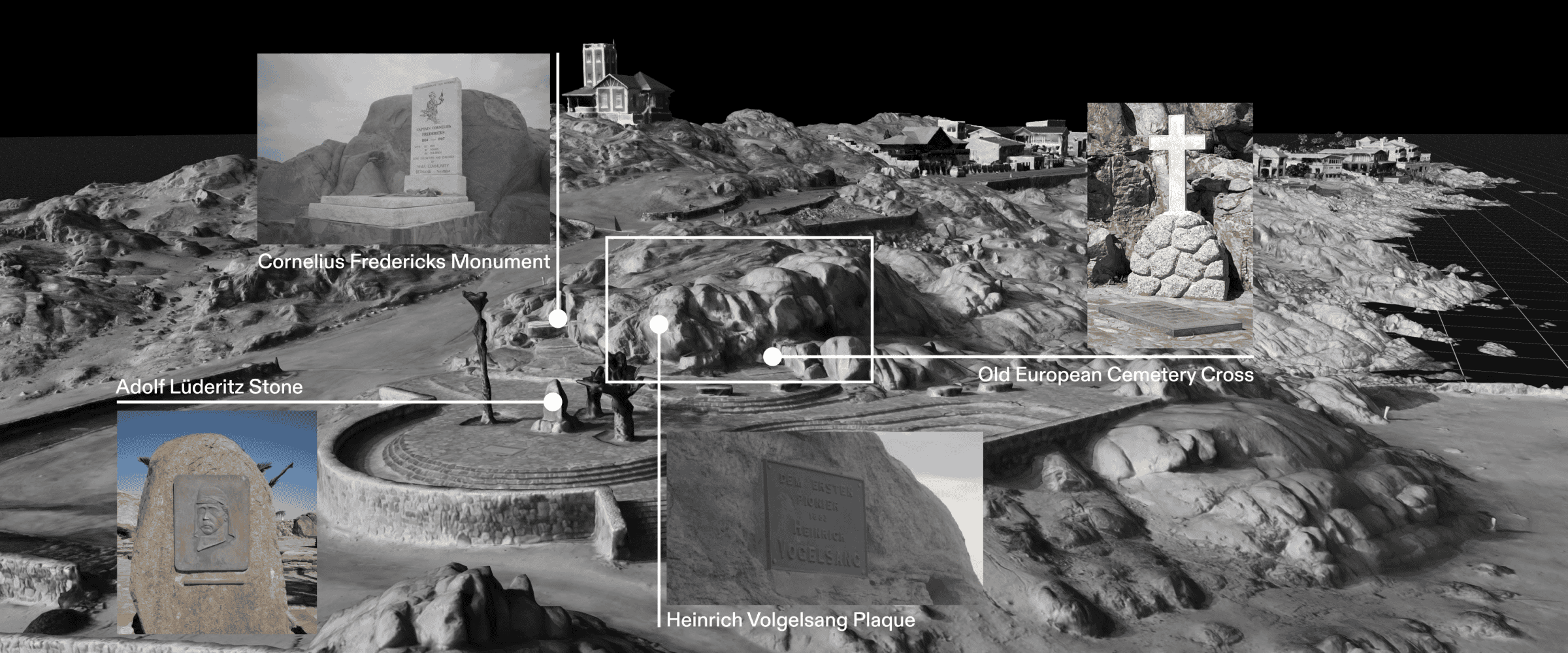 Memorials - The memorial location on Shark Island overwhelmingly features plaques commemorating German colonists of the area. One memorial stone is dedicated to Cornelius Fredericks and his fellow Nama people who died in the camp. (Forensic Architecture/Forensis, 2024)