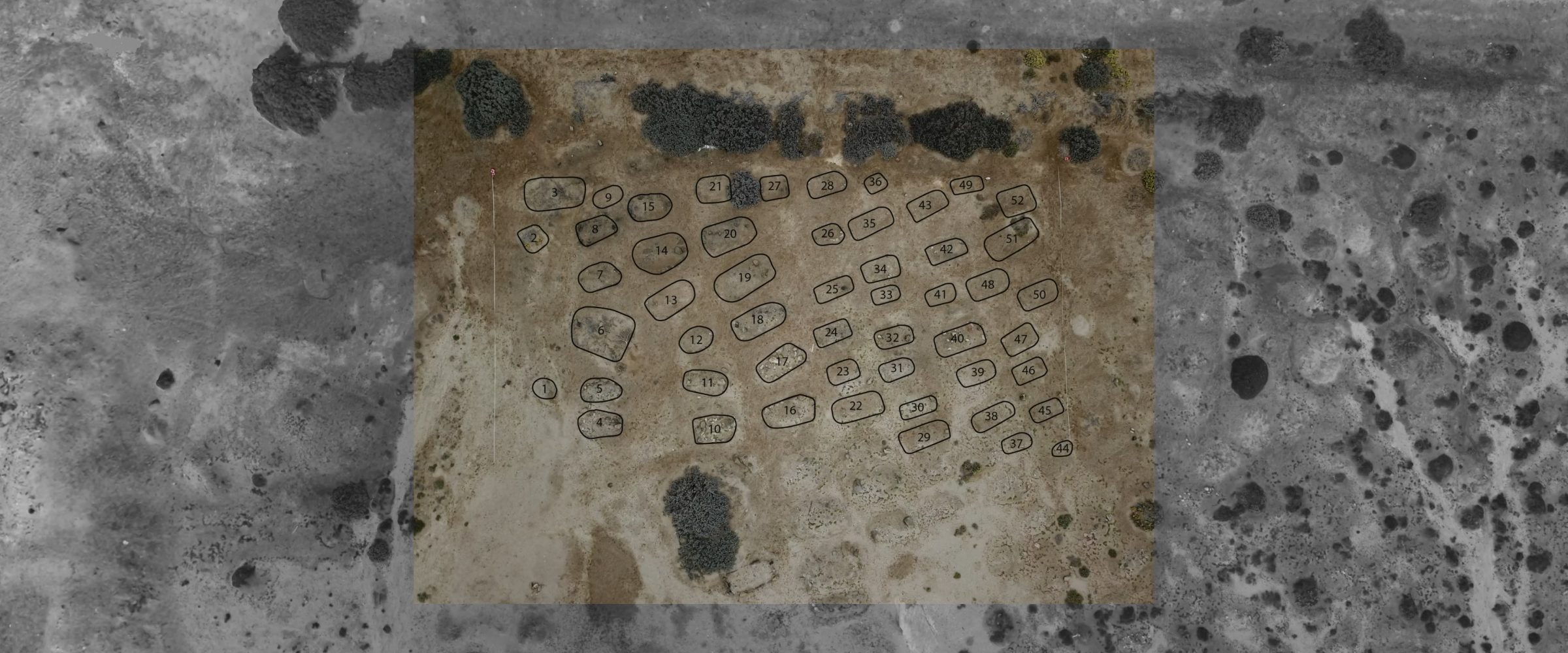 Identified Graves - The annotated aerial image of the survey grid shows the visible sand mounds and the feature numbers assigned to each. The survey identified several likely mass graves. (Centre of Archaeology at Staffordshire University and Forensic Architecture/Forensis, 2024)